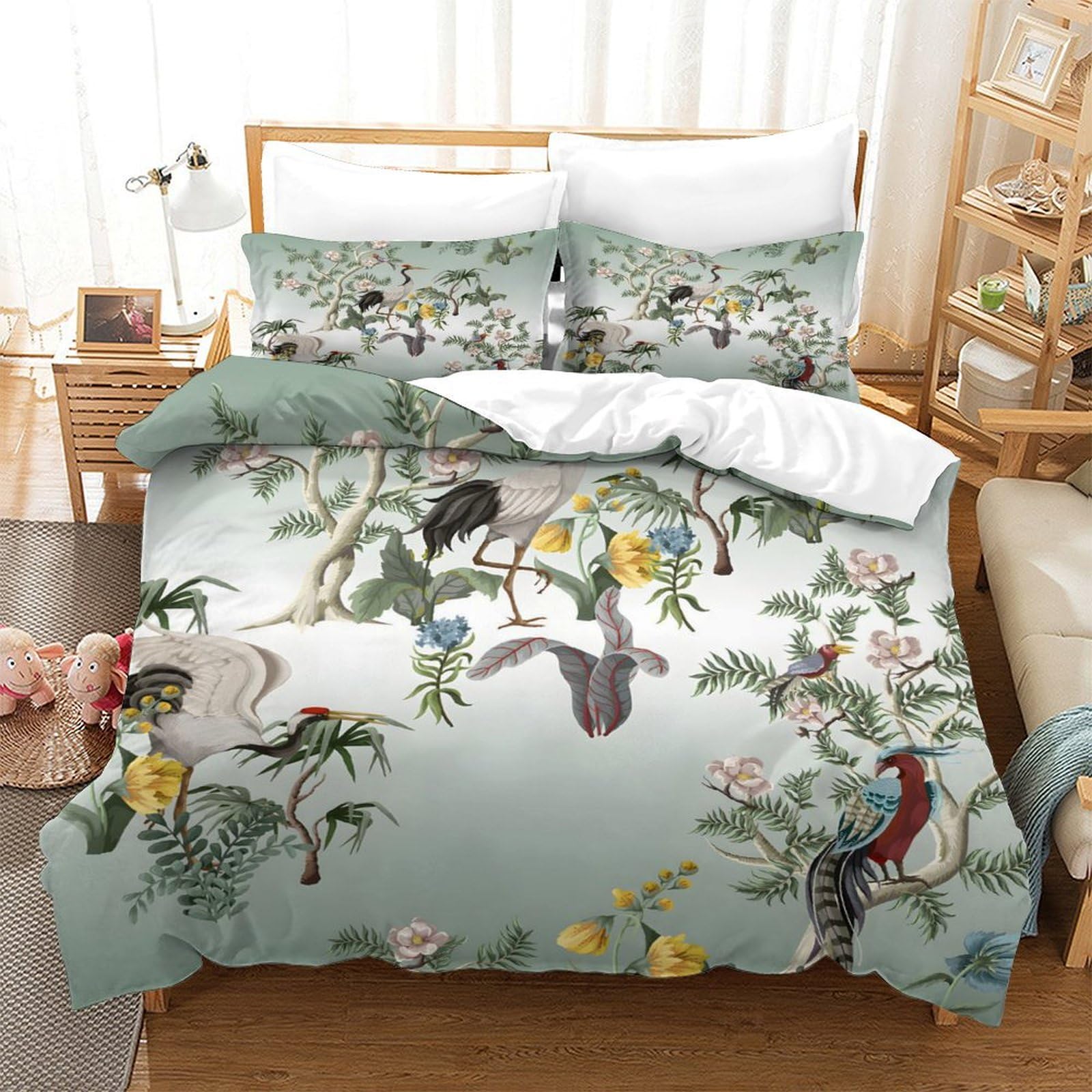 GDEKCIEAS Chinoiserie Style Peonies Birds Teens Bedding Set,3Pcs Duvet Cover,Lightweight Quilt Cover,Ultra Soft & Breathable for Kids And Adults Single（140x200cm）