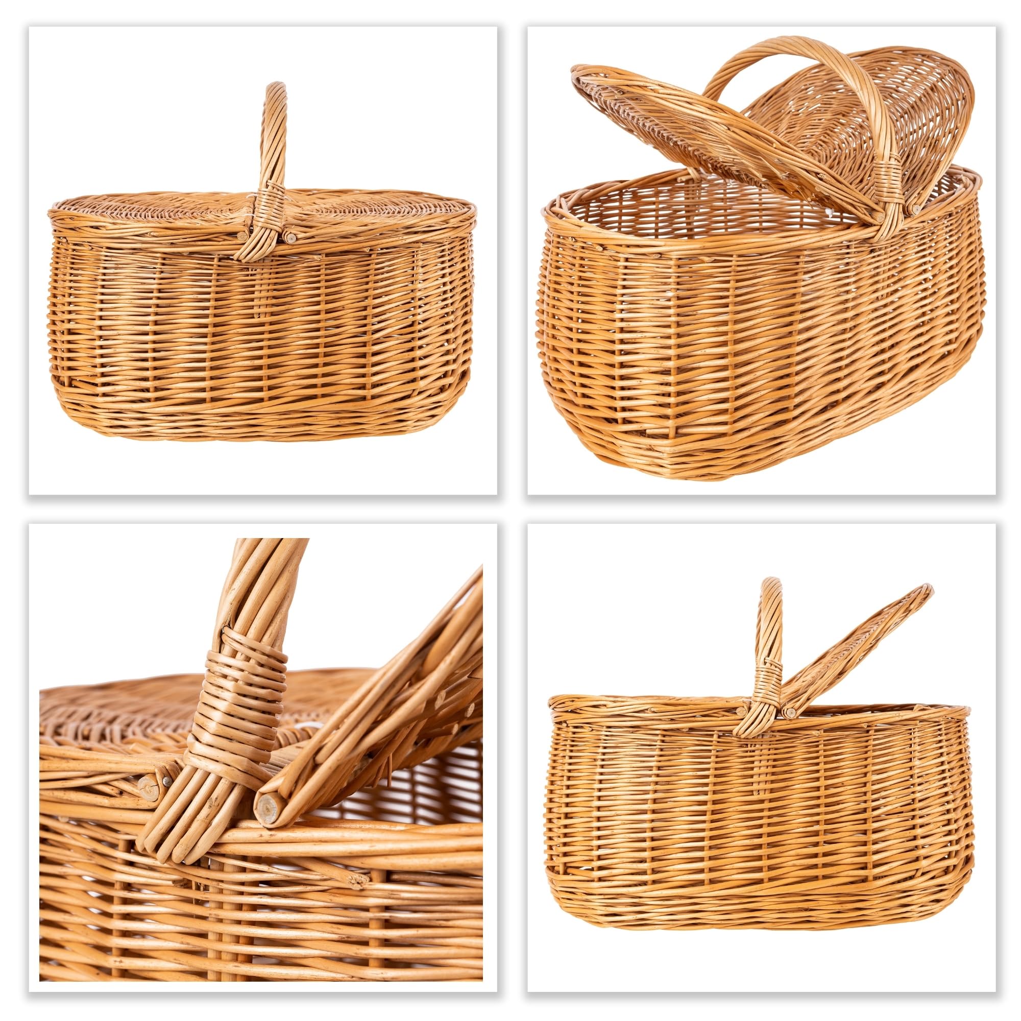 Creative Home Cesta de Mimbre Grande con Asa y Tapa Picnic | 45 x 30 x 38cm (+/- 2cm) Ligera | para Compra Regalo Plantas Decoración | Tejida a Mano | Marrón Natural | Multiuso, Práctica y Duradera