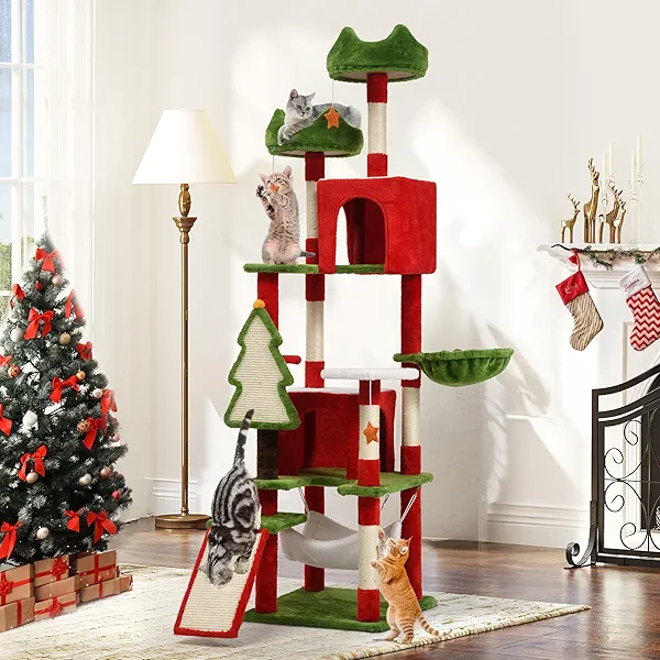 YITAHOME Christmas Cat Tree Tower for Indoor Cats, 75in Multi-Level Cat Climbing Tower with Cat Condos, Top Perches, Hammock, Sisal Scratching Posts and Board, Kittens Play Activity Center