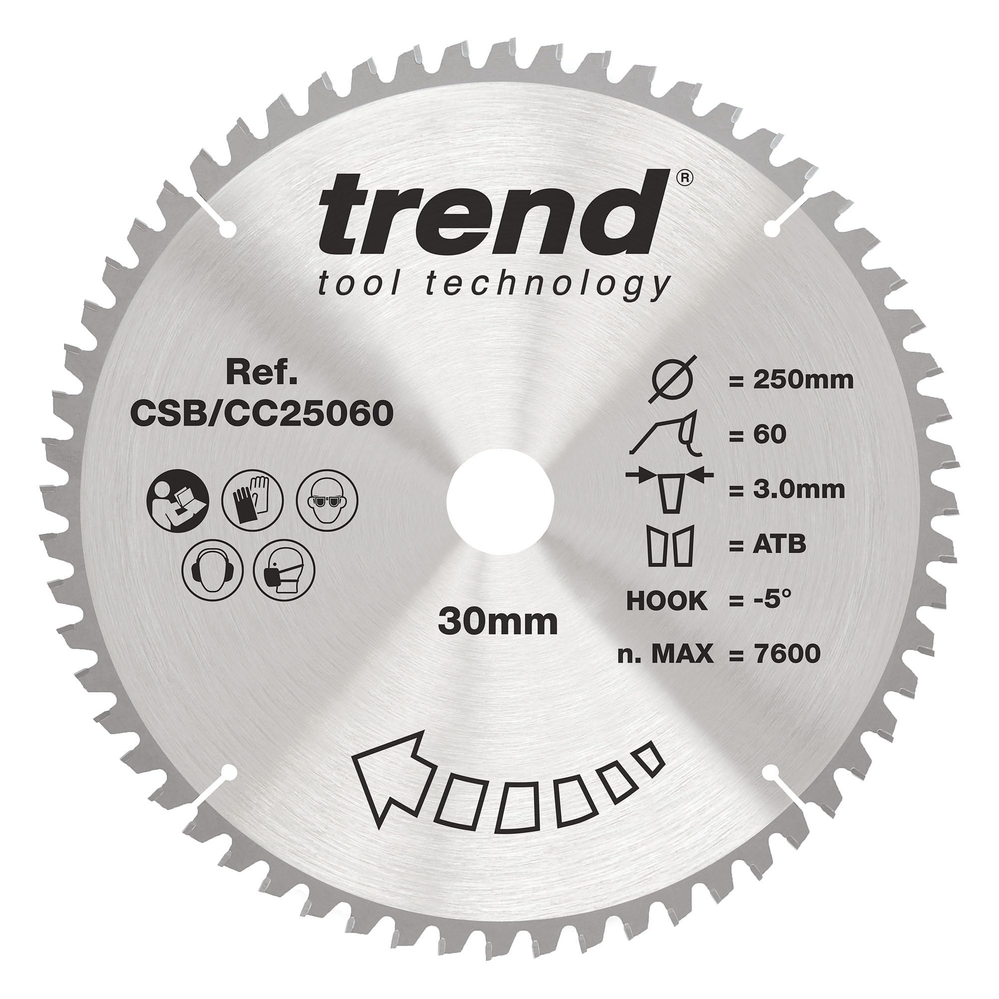 Trend Wood Mitre Saw Blade, 250mm Diameter, 30mm Bore, 60 Teeth, 3mm Kerf, -5° Hook, TCT, Fine Finish, CSB/CC25060