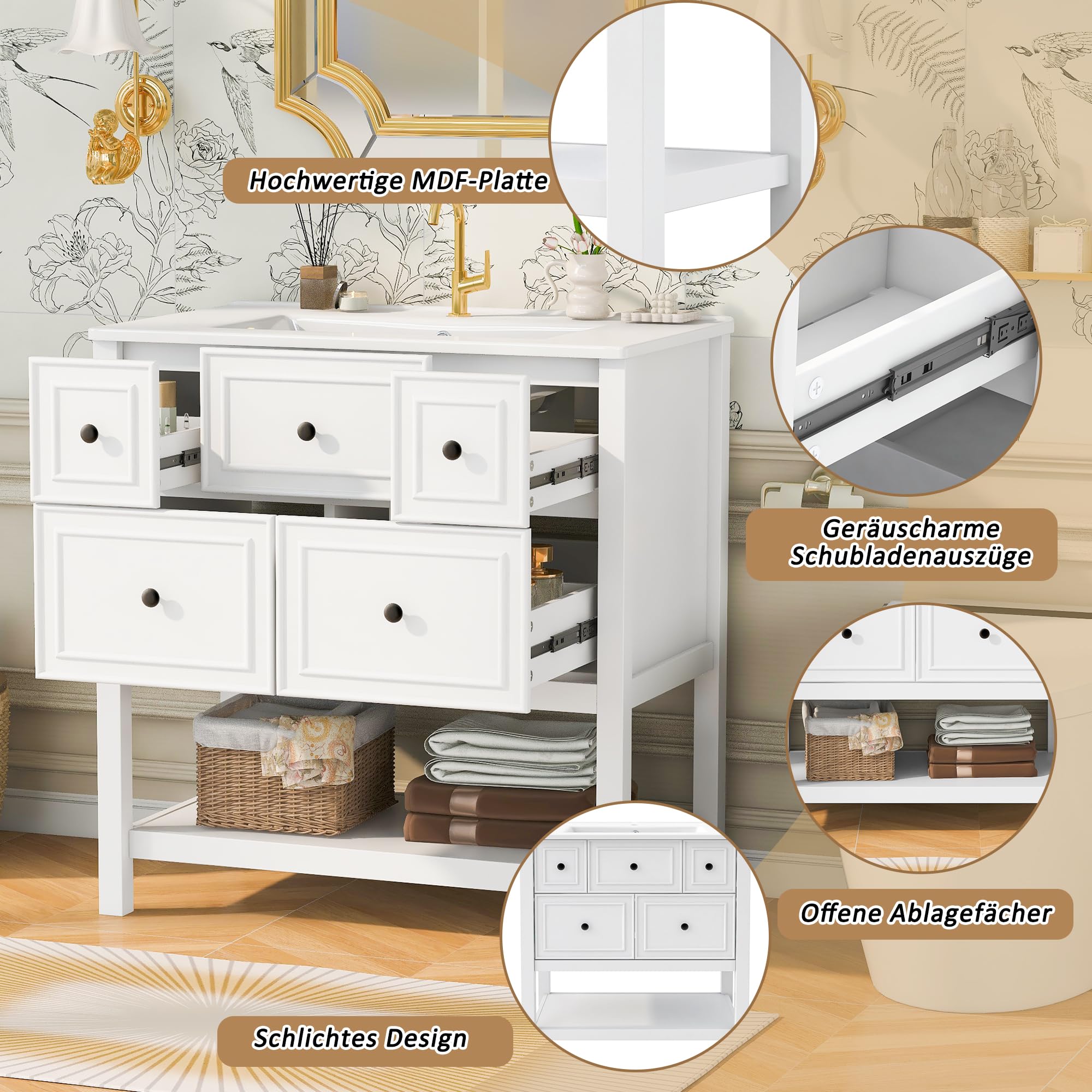 Mobile sottolavabo bianco con lavabo in ceramica, 76 cm, autoportante, con 5 cassetti e ripiano aperto, per bagno di casa e WC degli ospiti