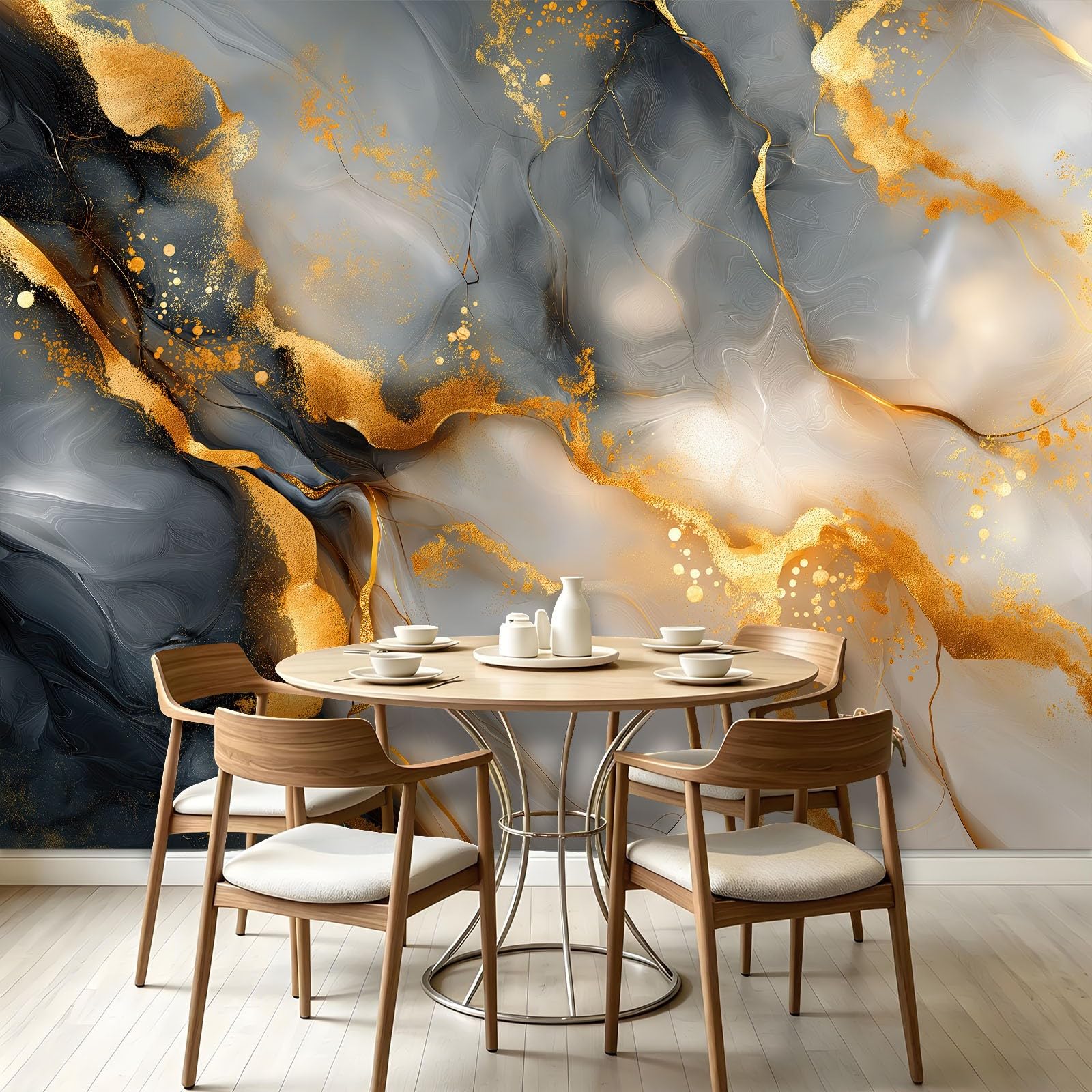 Carta da parati in tessuto non tessuto, 200 x 140 cm, carta da parati fotografica, decorazione da parete per sfondo TV, soggiorno, appartamento, facile da montare, moderna, nero, bianco, oro, marmo