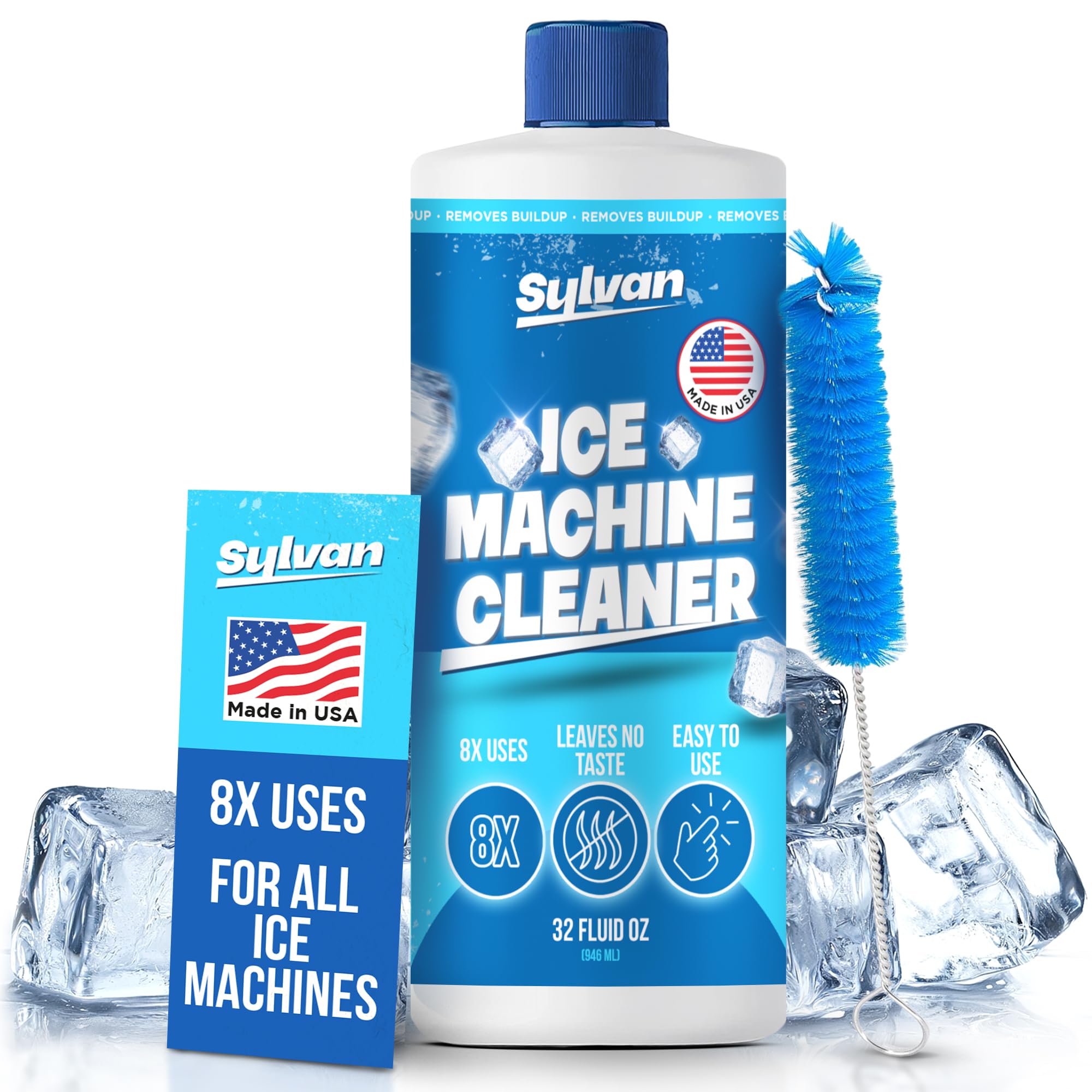 Limpiador y desincrustante para máquinas de hielo Sylvan | 947 ml (8 usos) | Cepillo incluido | Hecho en EE. UU. | Limpiador y desincrustante para máquinas de hielo, apto para níquel | Compatibilidad universal para máquinas de hielo comerciales y residenciales