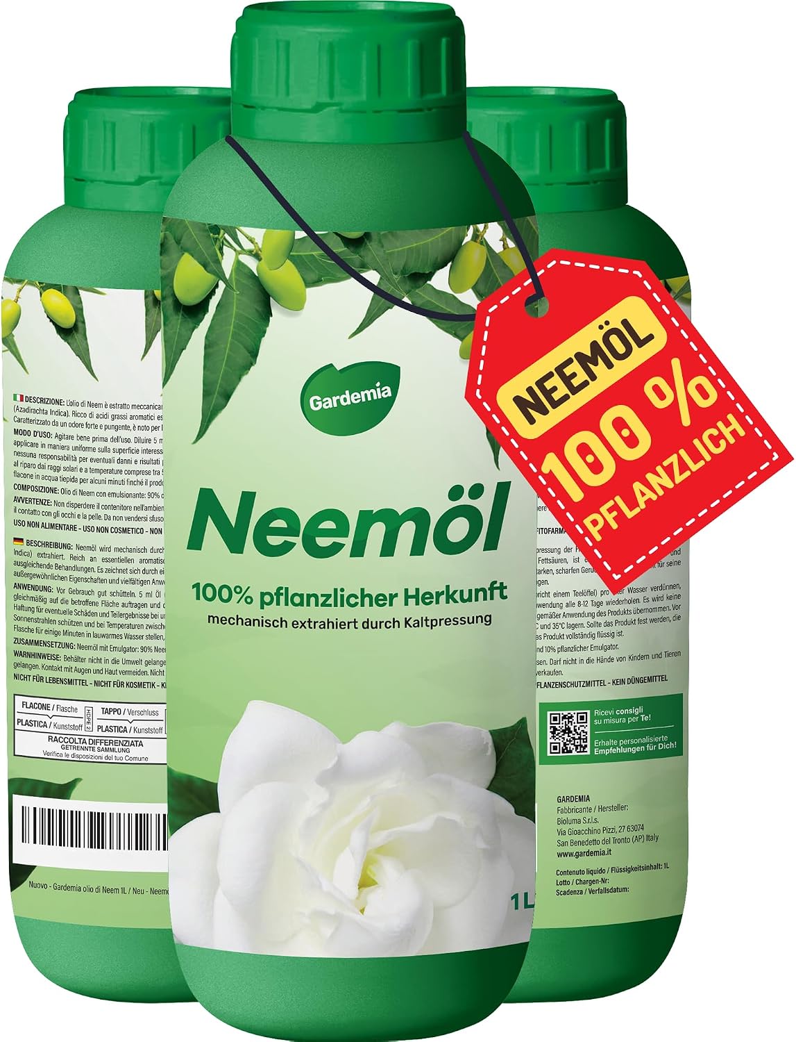Gardemia Neem Oil with Emulsifier 1 Litre Miscible with Water 100% Vegetable Origin Mechanically Extracted by Cold Pressing the Fruits of the Neem Tree