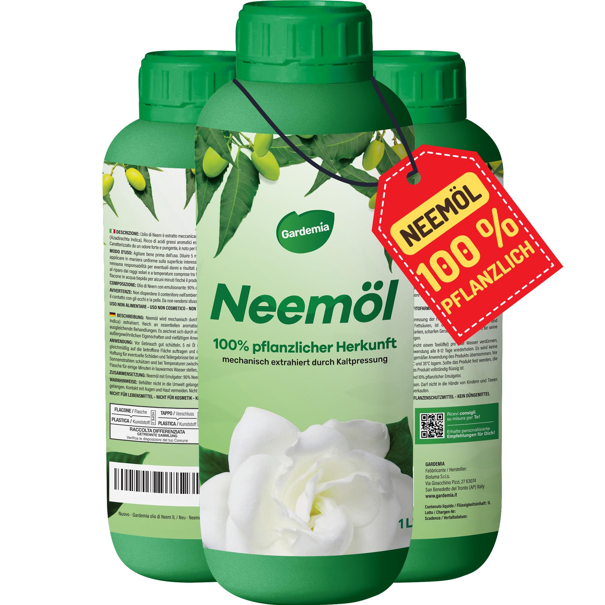 Gardemia Neemöl mit Emulgator 1L mit Wasser mischbar 100% pflanzlichen Ursprungs mechanisch durch Kaltpressung der Früchte des Neembaums extrahiert