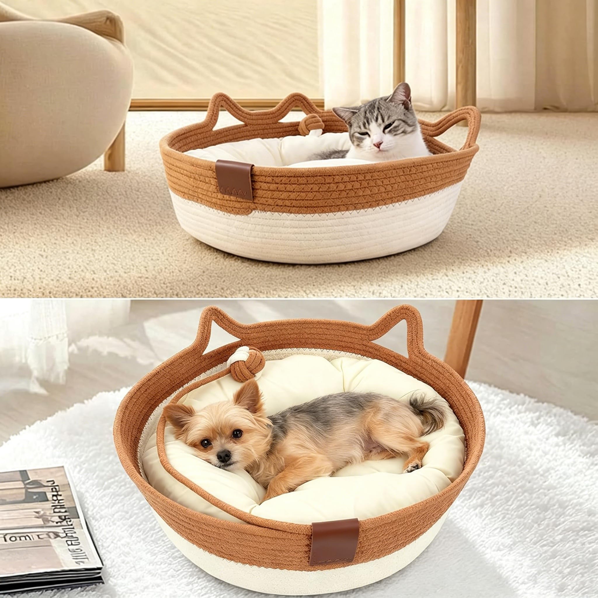 Katzenbett mit Seilball, 46x46x16 cm Rundes Katzenkorb aus Baumwollseilen, Atmungsaktiv Waschbar Drinnen Katzenkörbchen, Katzenhöhle für Alle Katzen und Welpen