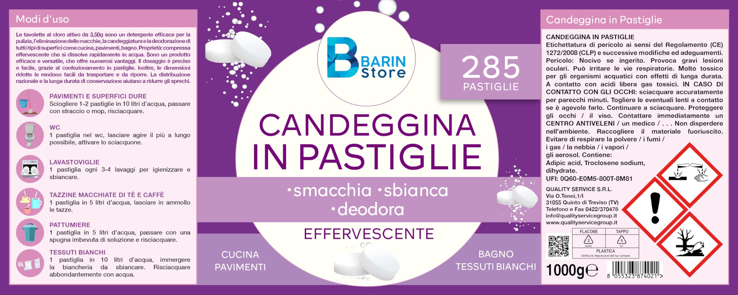Barin Store - Candeggina In Pastiglie Effervescenti Formato 1Kg - 285 pastiglie AL Cloro Attivo da 3,50g (3)