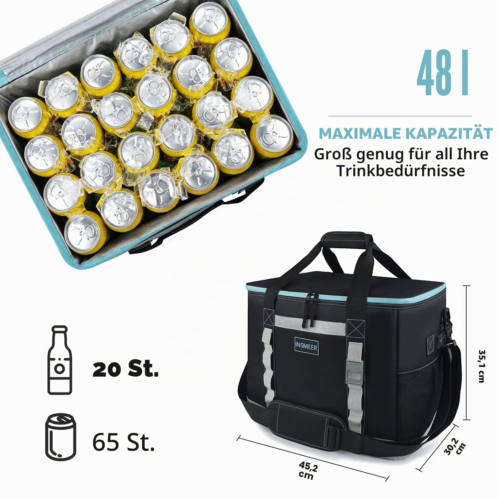 INSMEER 48L Kühltasche Gross Faltbare, 65 Can Kühltasche Thermotasche Isoliertasche für Getränke, XXL Wasserdicht Hitzebeständig Einkaufstasche für Ausflug, Picknic, Camping, Wandern, Strand