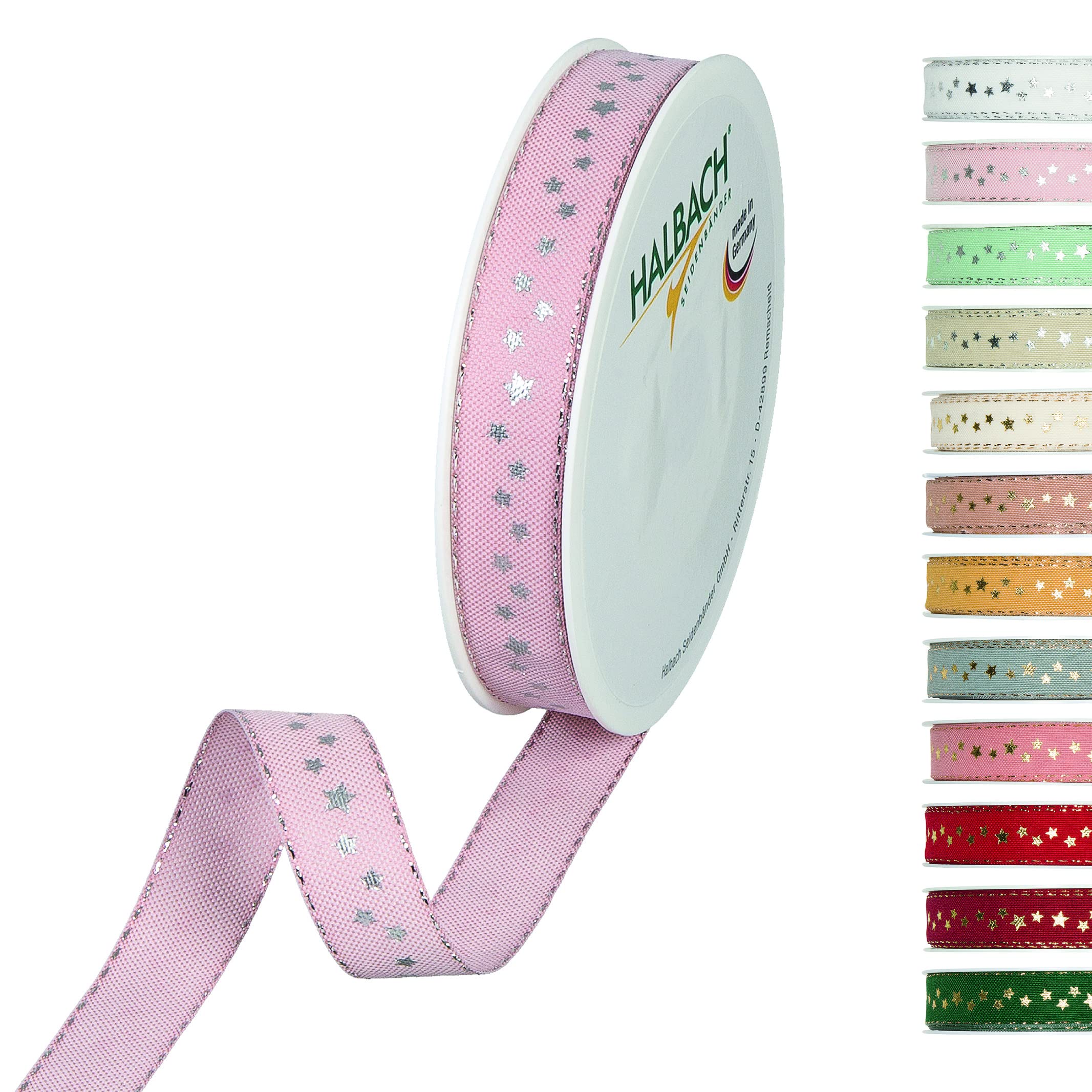 Halbach Seidenbänder Christmas Ribbon 15mm x 18m Christmas Gift Wrapping Ribbon Christmas Gift Wrapping Ribbon with Gold Stars and Lurex Edges