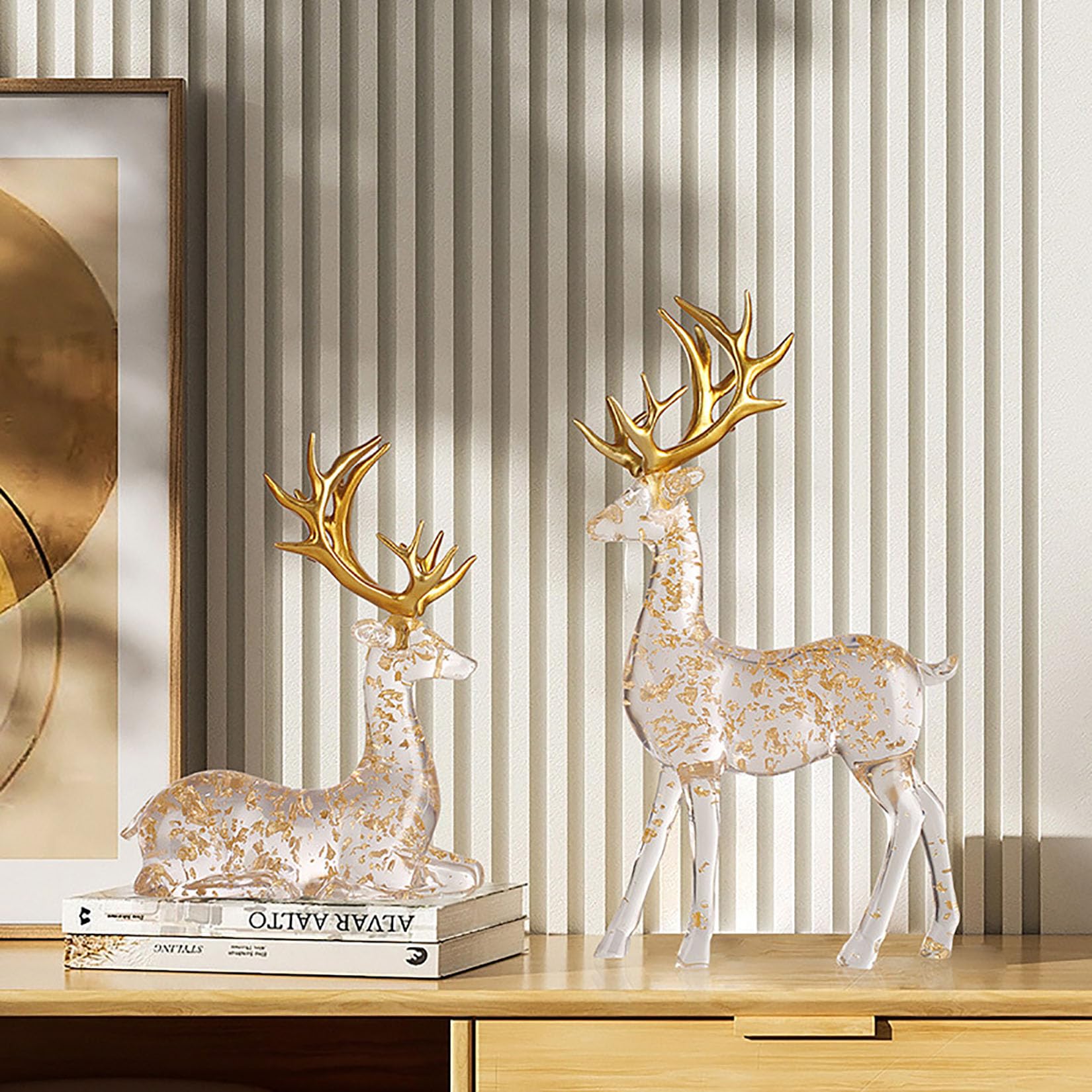 2pcs Cerf Figurines de Noël Dorées Décoration, Luxe Sculptures en Résine et Cristal Cadeau de Noël Décor d'intérieur,Clear