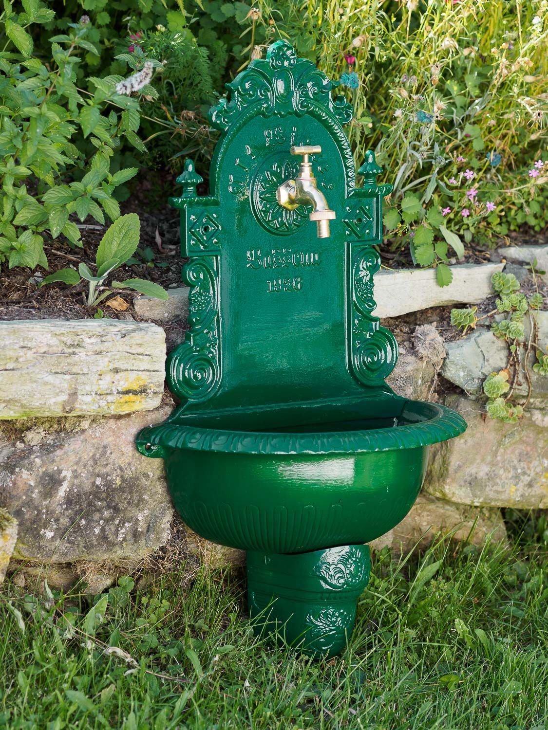 Brunnen Wandbrunnen grün Aluminium Waschbecken im Nostalgie Antik-Stil 72cm