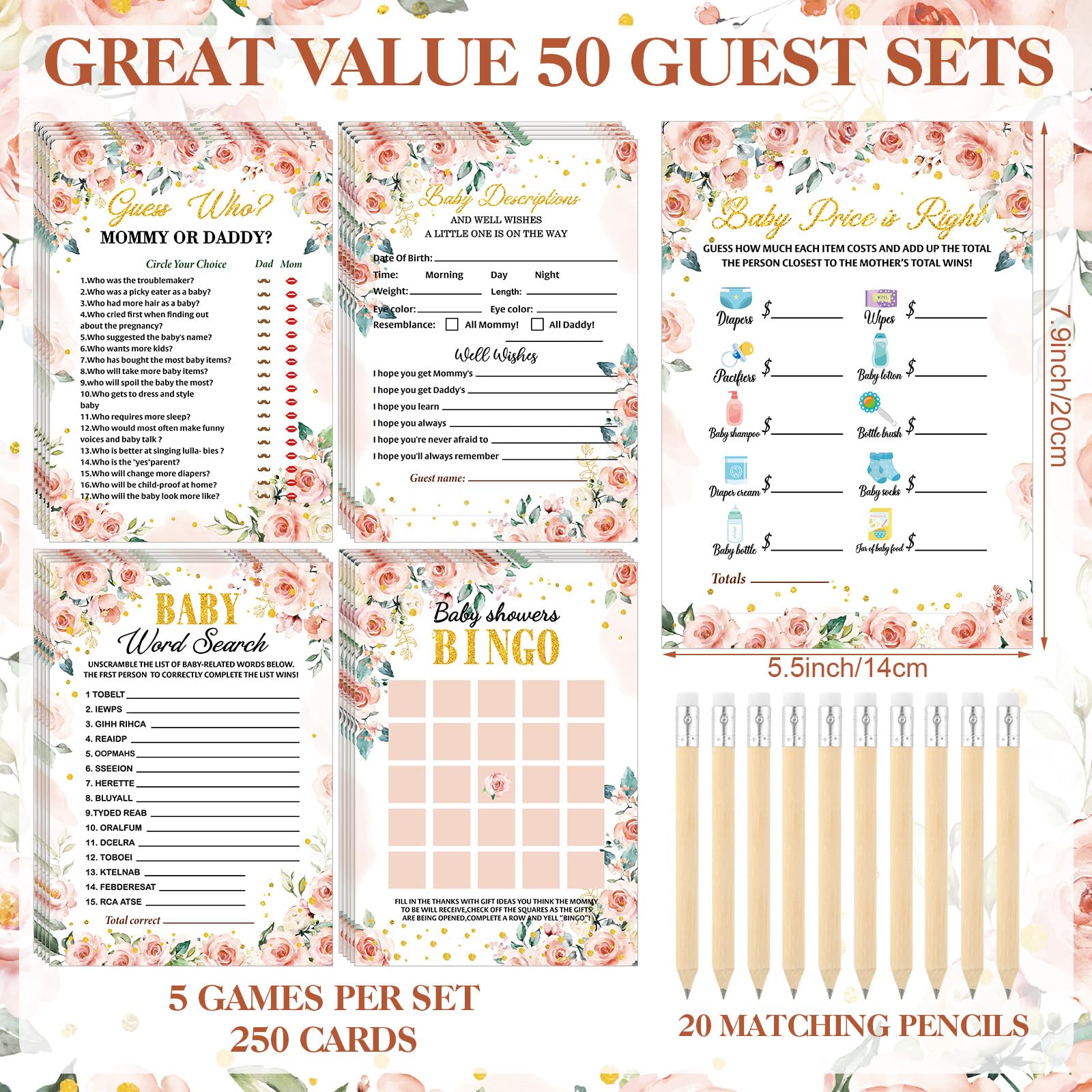 Patelai 321 piezas de suministros florales para juegos de baby shower, 5 juegos (50 tarjetas cada uno) tarjetas de actividades con 20 lápices, 1 letrero de "Don't Say Baby Shower" y 50 pinzas de