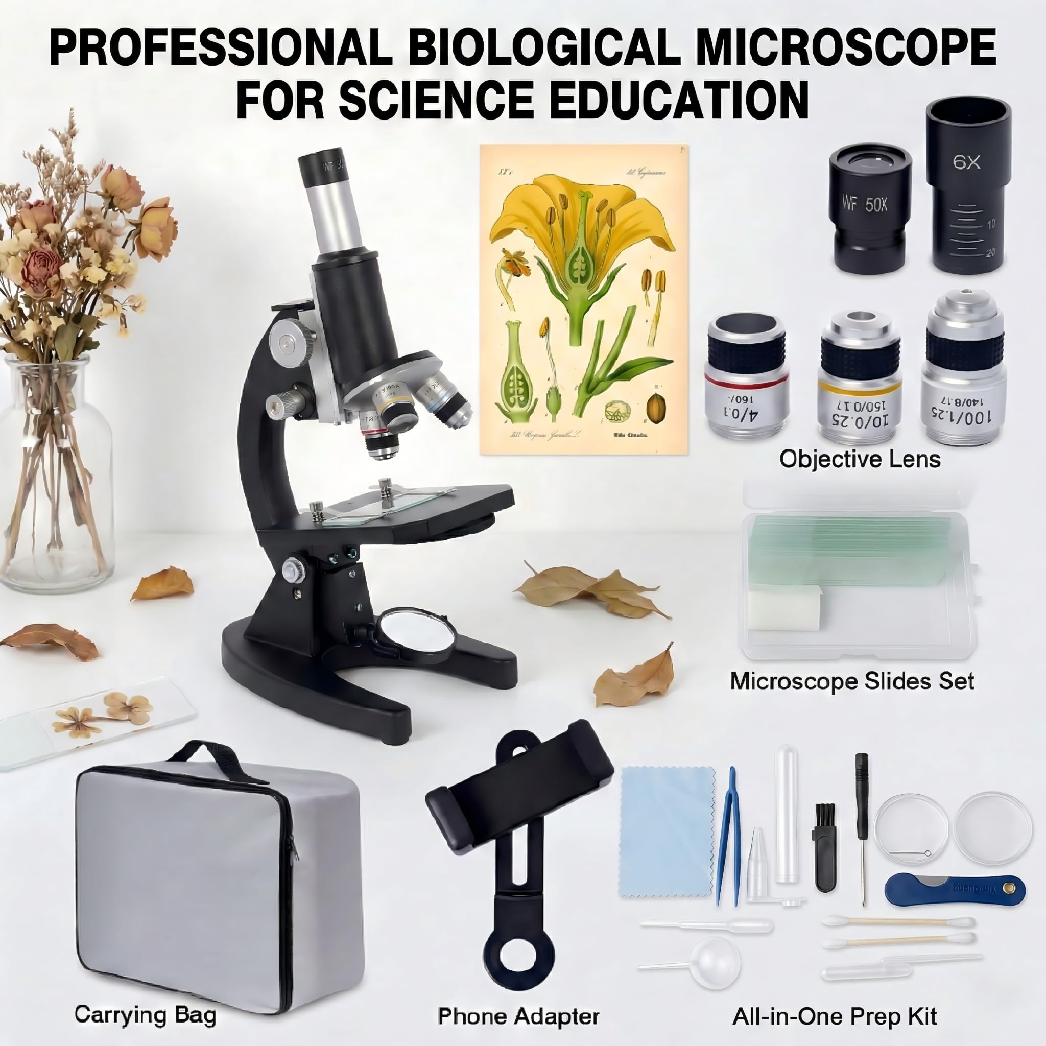 Microscopio, 200x-5000x composto biologico, microscopi con vetrini per microscopio, set di 6 adattatori moltiplicatori per telefono per adulti studenti, regali, microscopi biologici per l'educazione