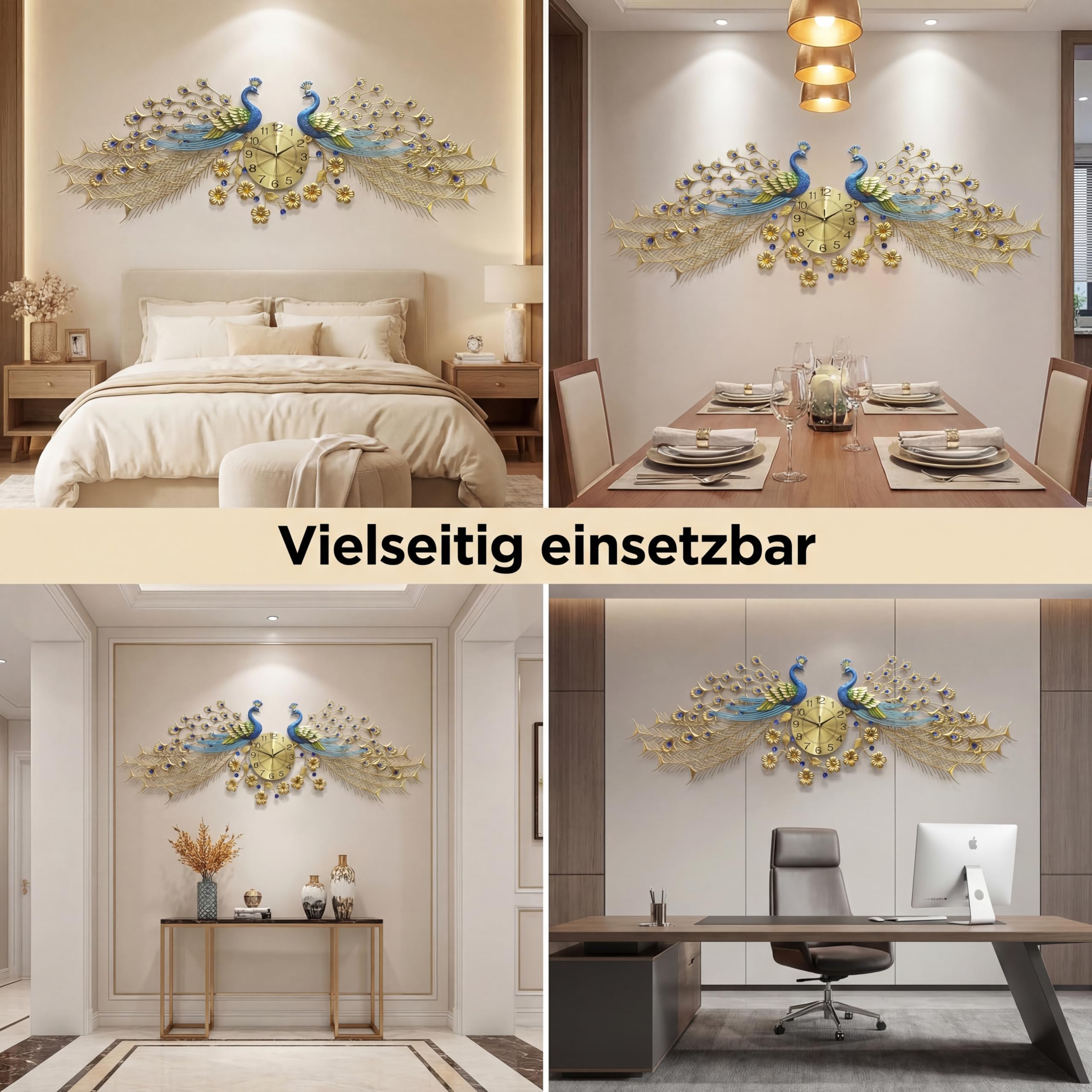 3D Wanduhr Vintage Pfau Uhr Große Wanduhren Mute Nicht Tickend Ohne Batterie Metall Pfauenuhr Für Wohnzimmer Schlafzimmer Küche Deko 165 * 60cm
