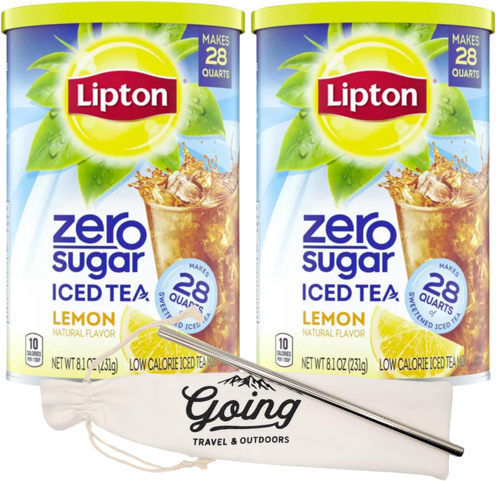 Zero Sugar Tea Bundle with Zero Sugar Lemon Ice Sweet Tea - Set of Two 8.1oz Containers - Each Makes 28 Quarts of Tea + Stainless Steel 8.5" Straw with Cleaning Brush and Carrying Bag by Going