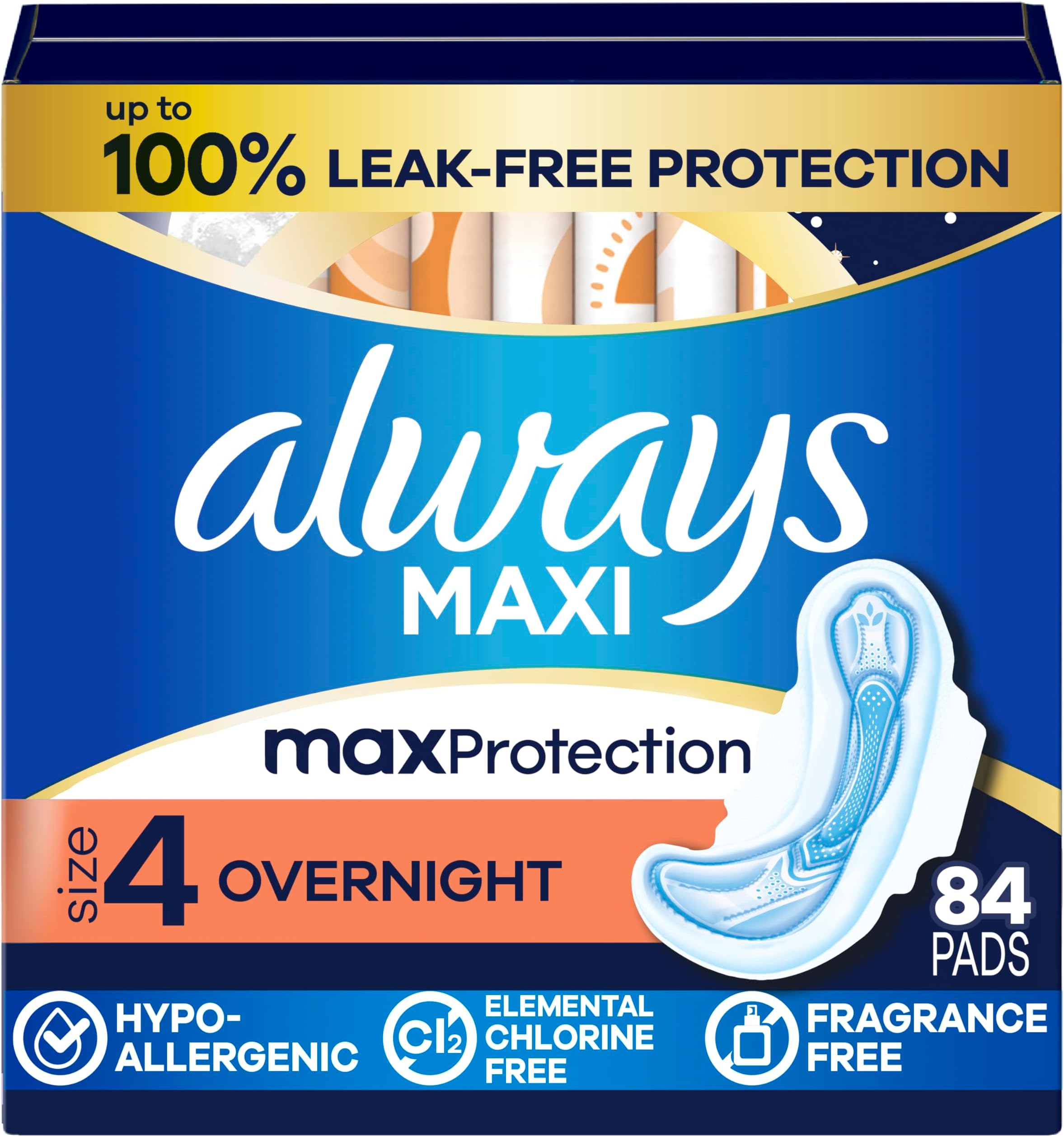 Always Maxi Overnight Pads with Wings for Women, Size 4, Overnight Absorbency, Unscented, 84 Count (3 Packs of 28)
