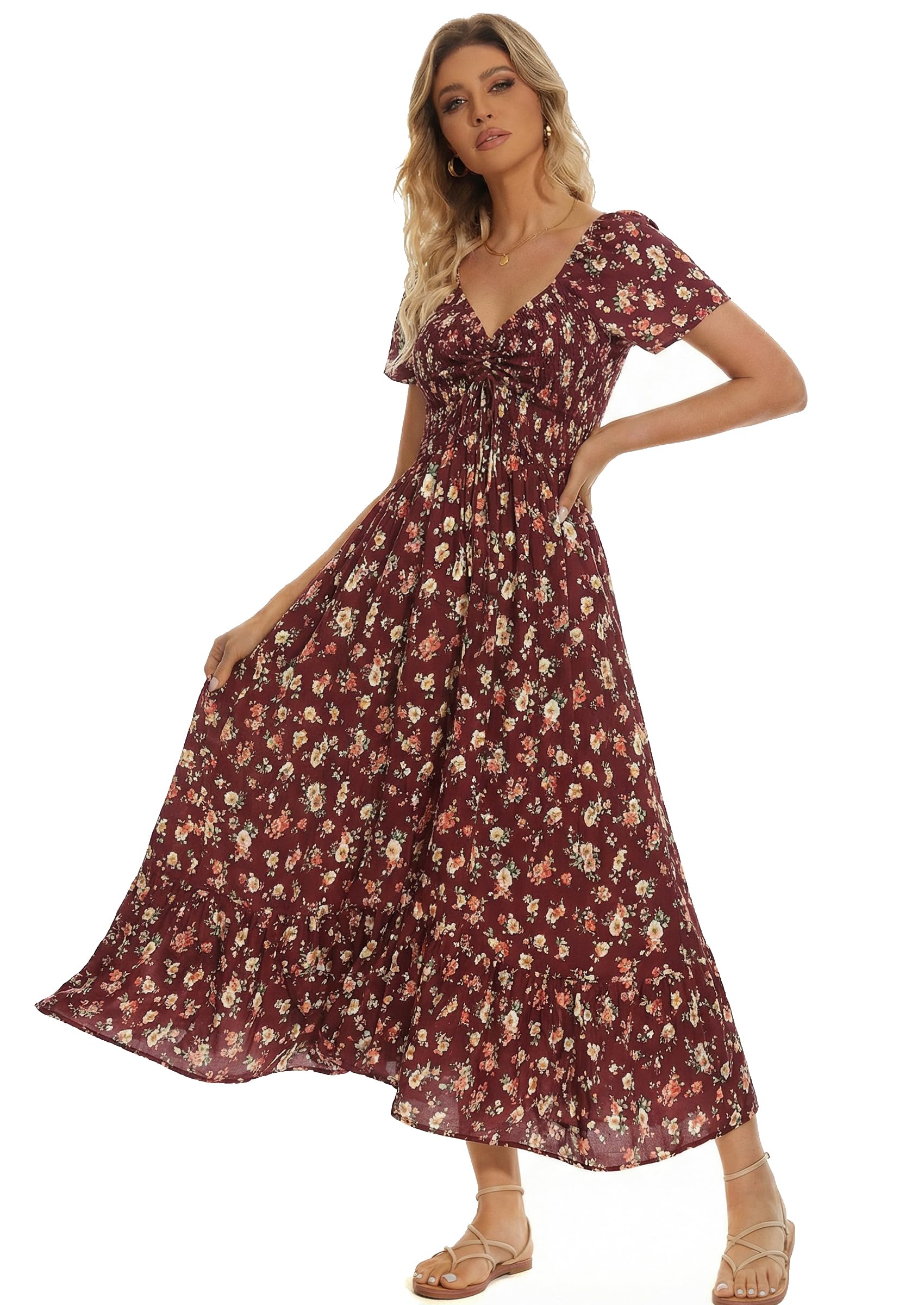 Summer Floral Smocked Maxi Dress for Women 2026 Casual Flowy Tiered A Line Boho Beach Party Long Dresses with Short Sleeve