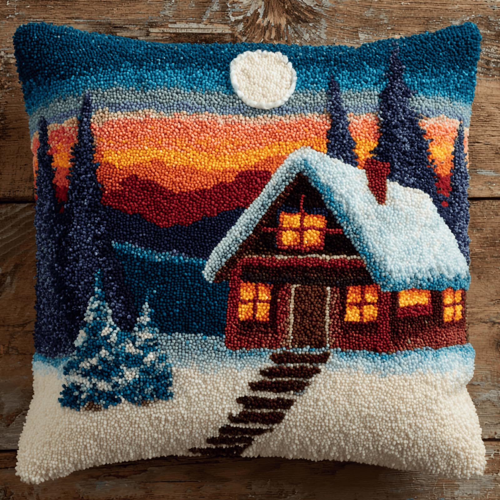 kitphoenix Latch Hook Cushion Kit for Adults Snow Cabin