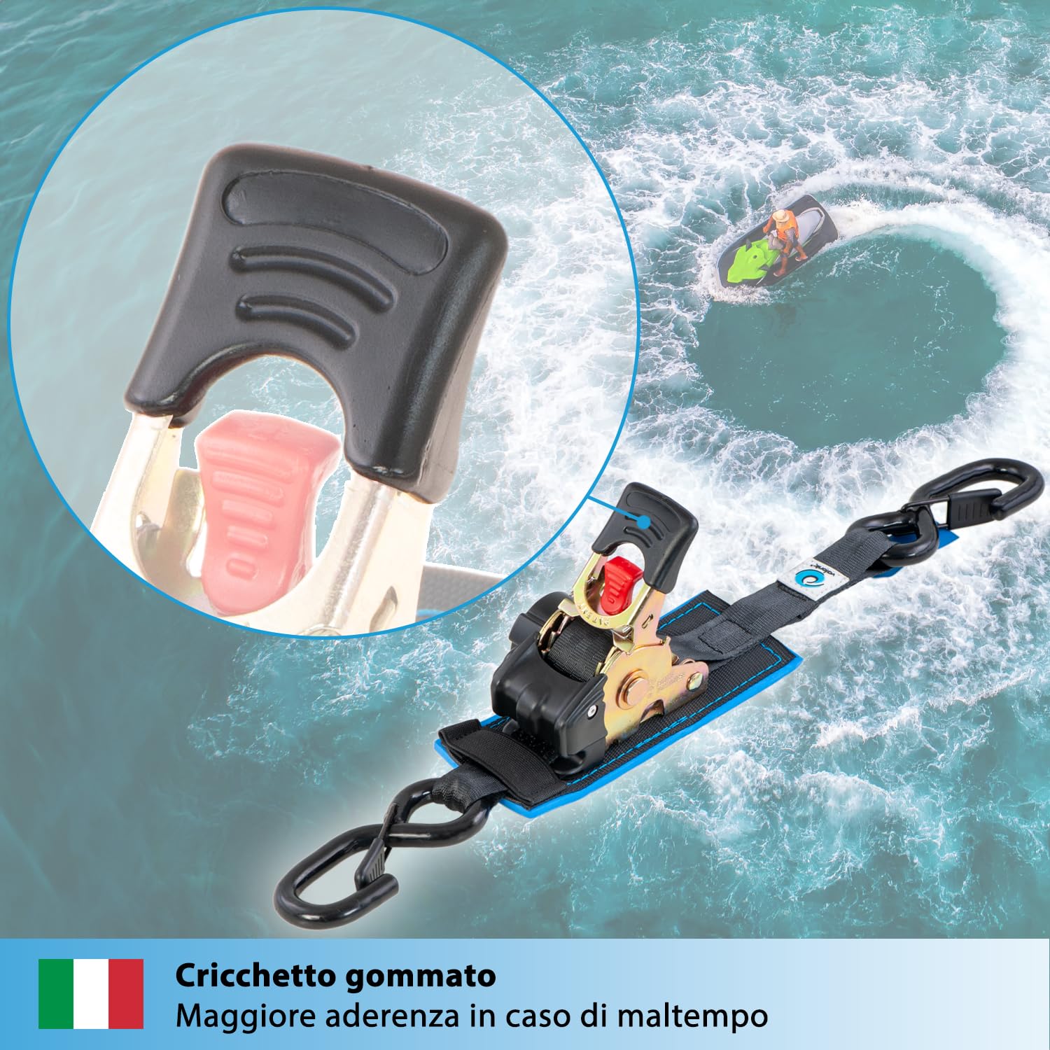 valonic RACOON - 2x 3m cinghie di fissaggio automatico, 25mm, 300/600 Kg, imbottito, EN-12195-2 - con gancio, con cricchetto, nero, per moto