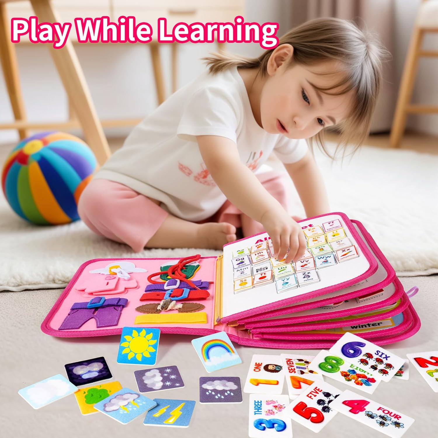 Toddler Busy Board, Montessori Busy Book for Toddlers, 12-Page Quiet Educational Activity Book, Learning Sensory Toys for Motor Skills, Travel Toy for Car Airplane, Girl Kids Birthday Gifts (Pink)