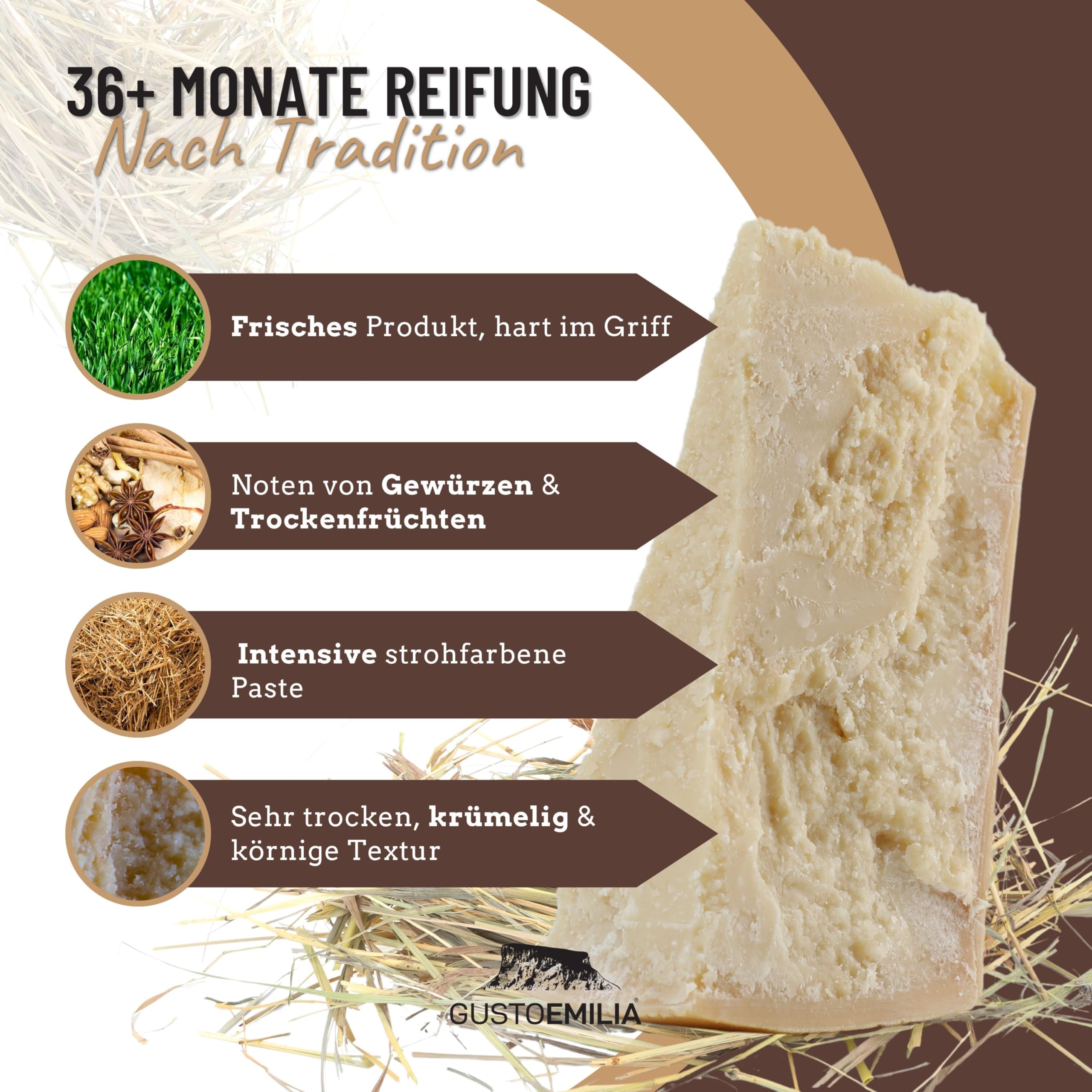 GUSTOEMILIA Berg-Parmigiano Reggiano Käse 36 Monate gereift - Ideal für Pasta, Brot, Salate, Snacks und Früchte - Italienischer gereifter Parmesan Käse 2,2 lb (1 kg)