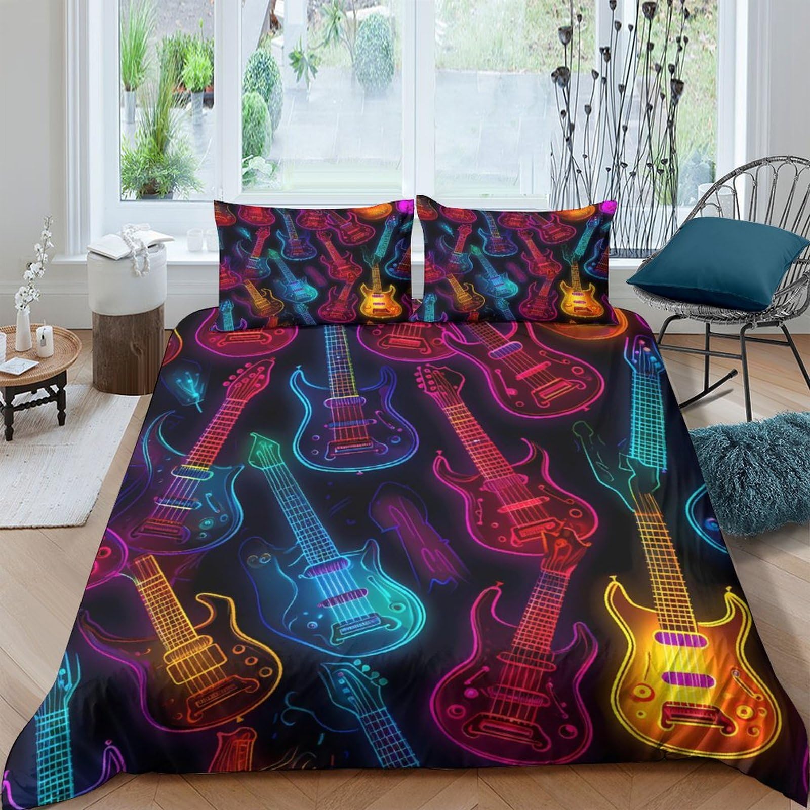 Ctjqhvkz Style-8 3D Printed Neon Electric Guitar Fitted Sheet Microfiber Black Colorful Bed Sheet For Bedroom Dorm Mattress Cover Single（135X200cm）