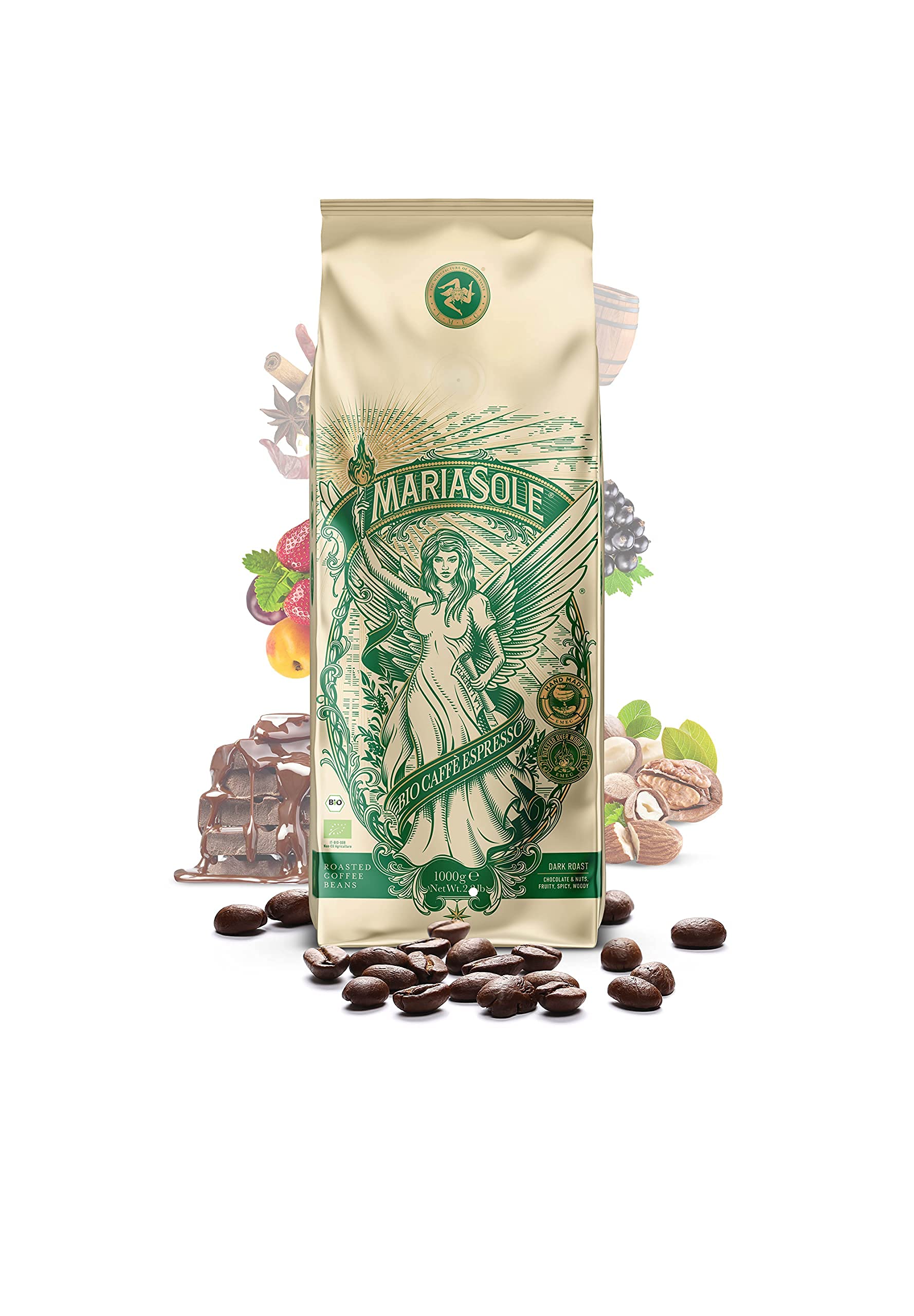 MariaSole Caffè Espresso Bio ziarna kawy 1 kg – tradycyjne palenie na Sycylii przy użyciu drewna – ręcznie wykonane ziarna espresso premium do ekspresu i sitka