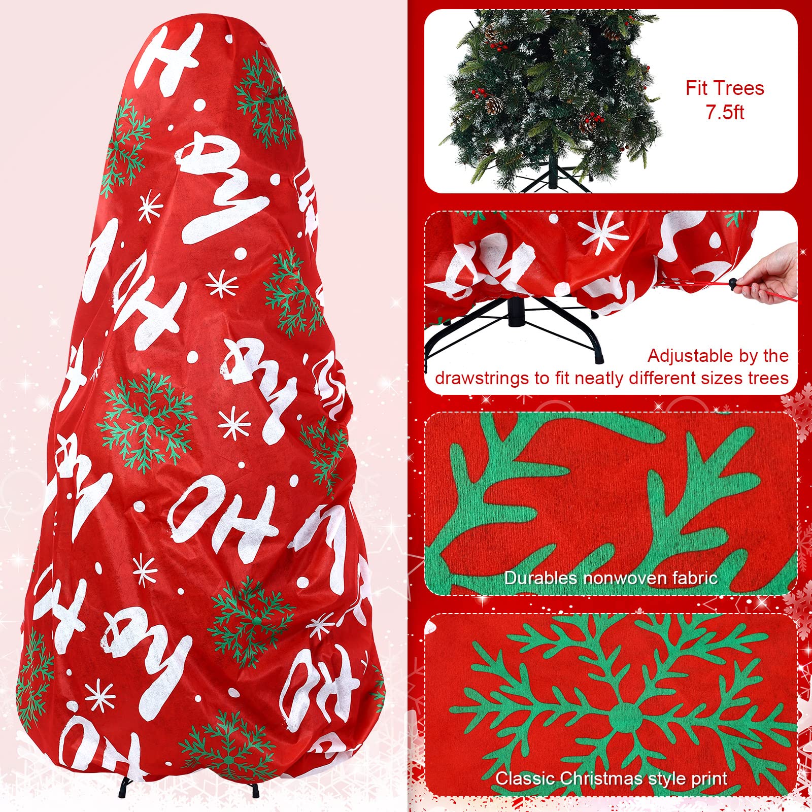 2 Grands Sacs de Rangement de Sapin de Noël avec Cordon de Serrage pour Arbre 7,5 Pieds Couverture d'Arbre de Noël Conteneur de Stockage Anti-Poussière Imprimé Flocons de Neige Droit, Rouge