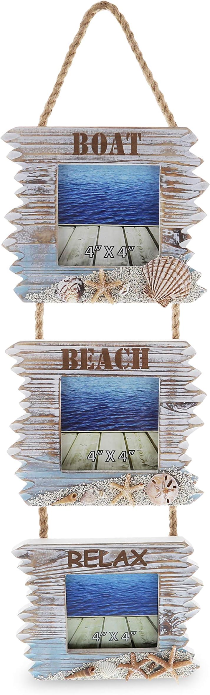 CoTa GlobalCoastal Horizon Triple Photo Frame 4x4- Handcrafted Wooden Nautical Photo Frame for Hanging Beach Themed Home Decor, Decorative Coastal Ornament - Handmade Color May Vary