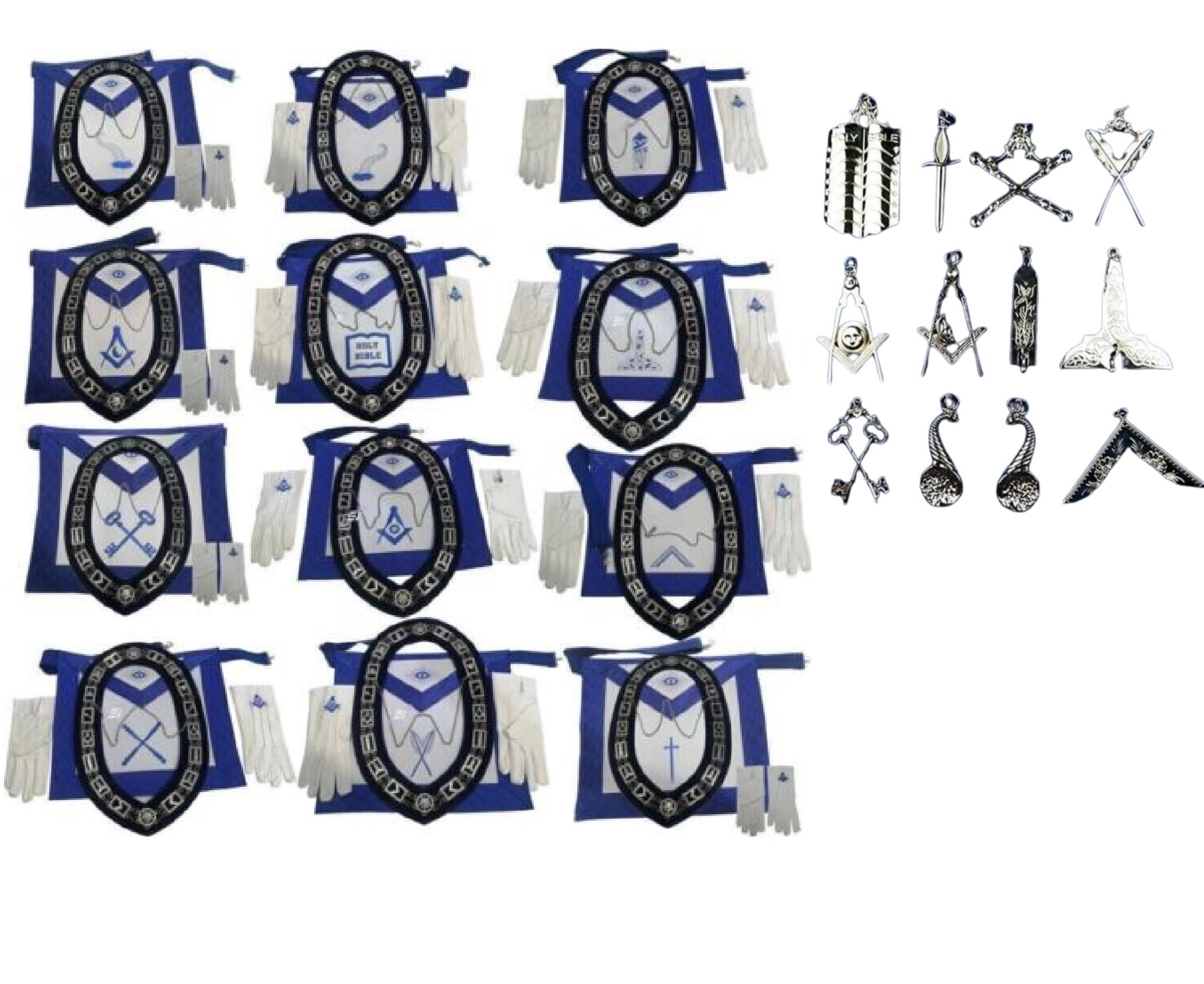 Precious Moon Masonic Blue Lodge Free Masons Officer Aprons 12 Chain Collar 12 Jewels 12 Gloves Set Of 12