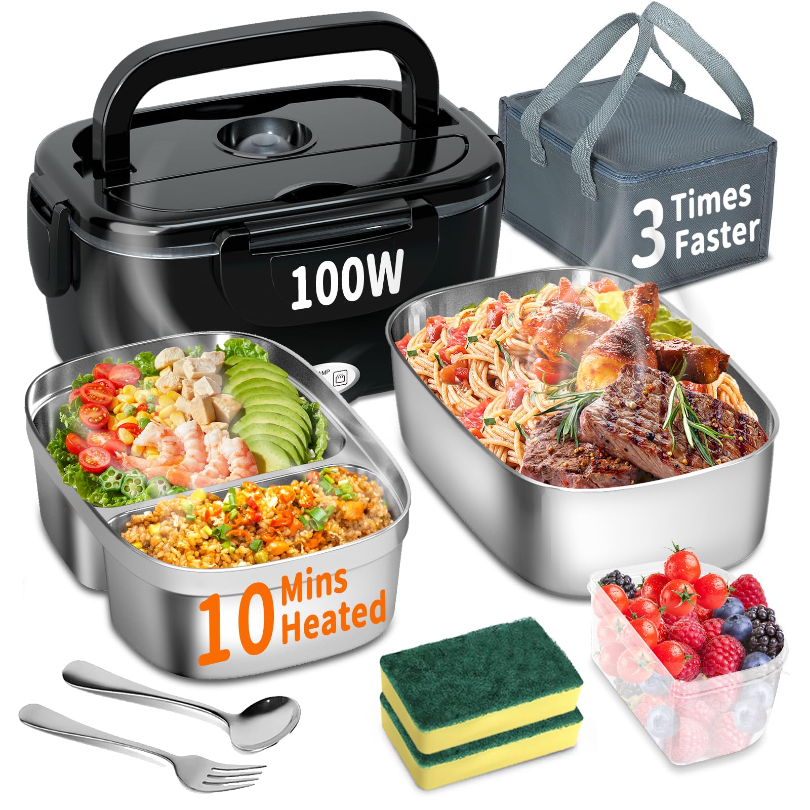 Electric Heated Lunch Box for Adults with 2 Pack 1.5L Containers, Portable 100W 3-IN-1 Fast Heated Lunch Box for Men, Portable Heating Food Warmer,12V/24V/110V for Car Truck Office Home Travel