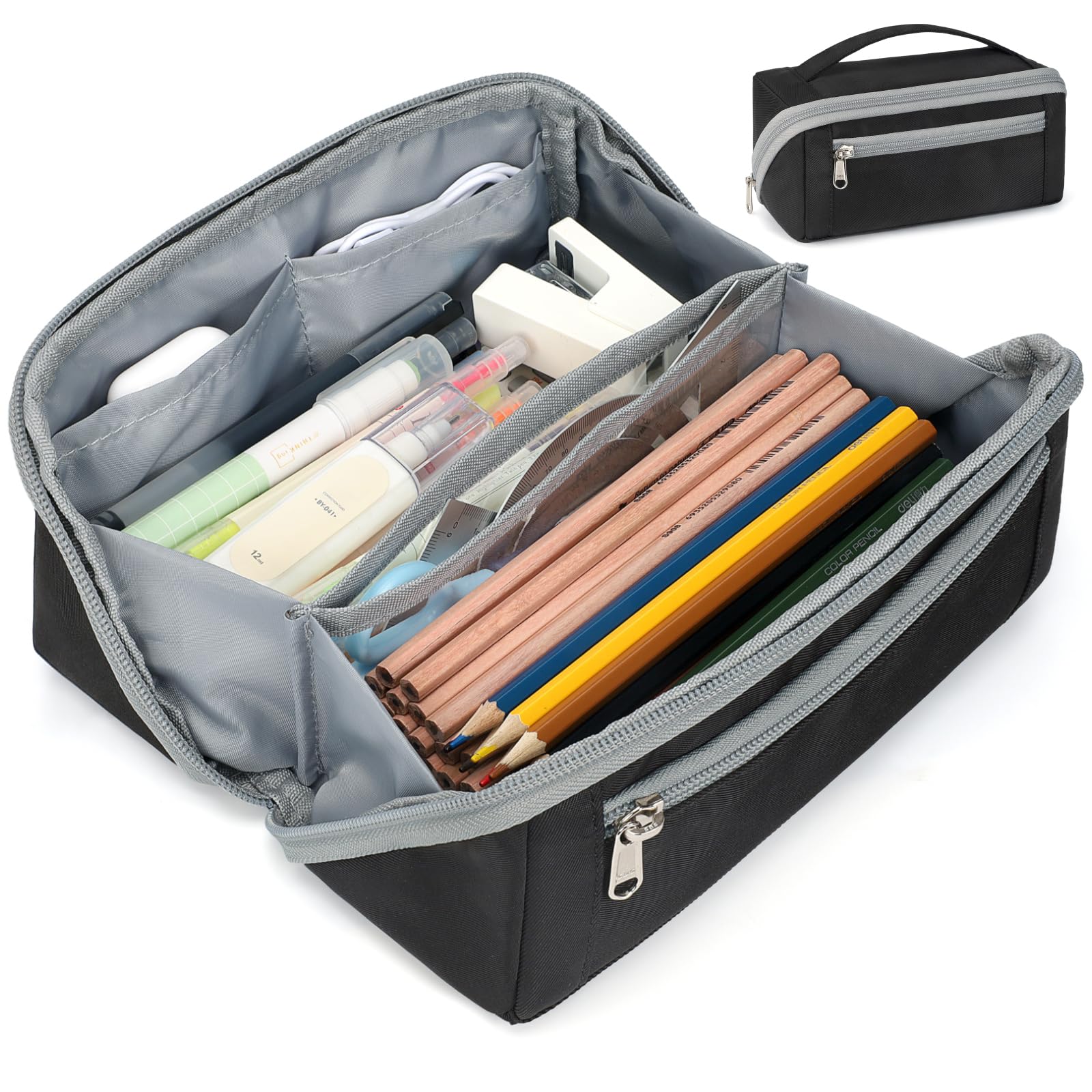 Large Capacity Pencil Case - Pencil Pouch for Teen Boys, Aesthetic Pouch Organizer with 8 Compartments, Wide Opening Marker Bag for Middle High School College, Fits Calculator, Black | Wide Open 8 Compartments, Flexible Dividers &amp; Side Pockets, Handle, 900D Fabric, College Supplies for Teens, Black &amp; Grey