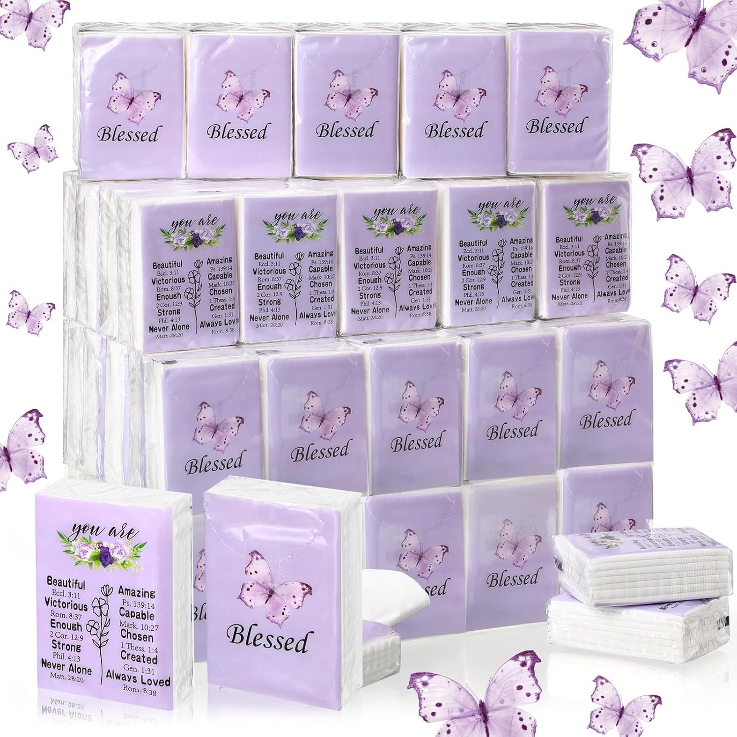 Harloon 150 Pack Christian Facial Pocket Tissues Purple Butterfly Travel Tissues Packs Religious Small Individual 3 Ply Gift for Wedding Travelling Graduation Party Supplies, 7 Sheets Per Pack