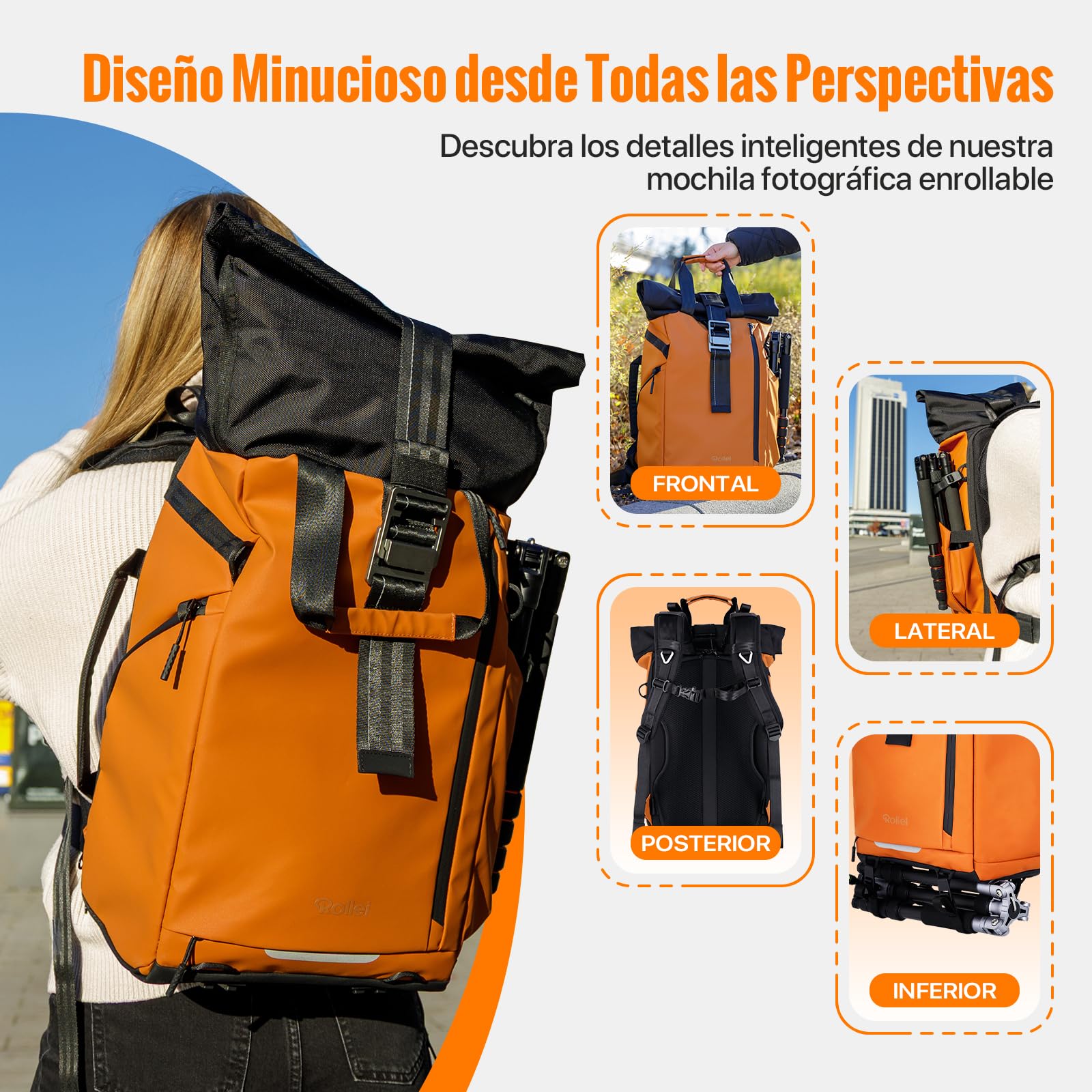 Mochila para Cámara Rollei Fotoliner Ocean Rolltop Gran Mochila Fotográfica Impermeable con Compartimento para Laptop Mochilas Camaras Fotos para Cámara DSLR 20L Naranja Cámara-Camara-Mochilas-Rolltop