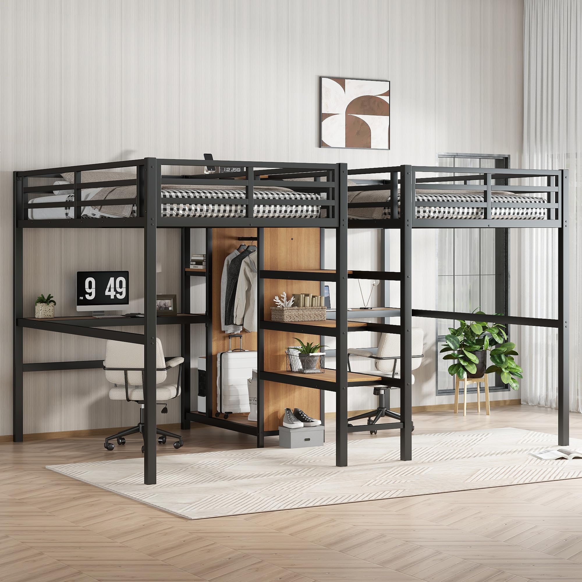LUMISO Twin Loft Beds with Desk, Heavy Duty Metal Double Loft Bed with Storage Shelves and Charging Station for 2 Kids, Double Metal Loft beds, Space