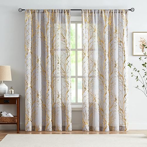 FMFUNCTEX Paneles de cortinas traslúcidas grises para sala de estar de 95 pulgadas de largo, con ramas de árbol, color dorado metálico, para