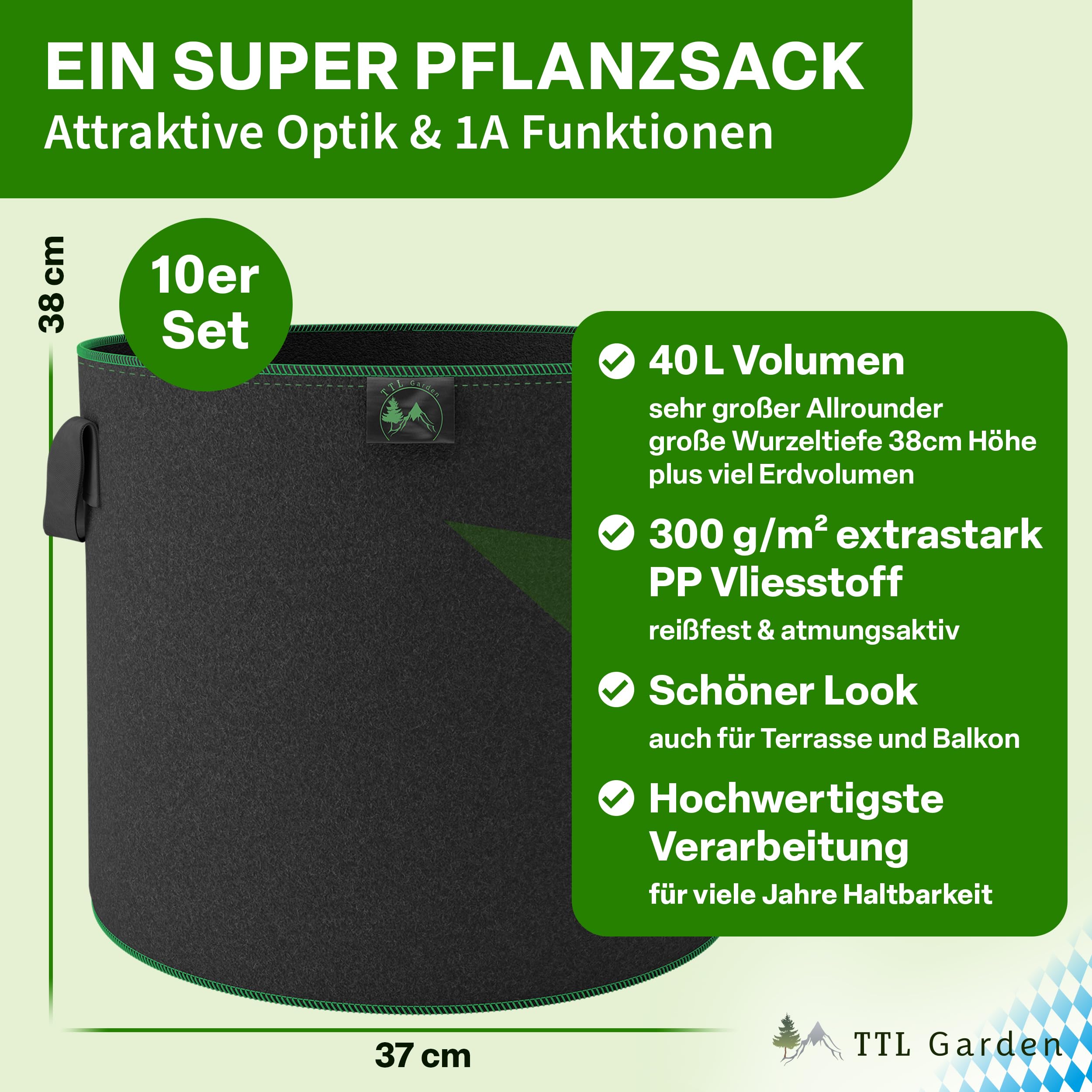 TTL GARDEN 10x 40L Bolsa para Plantas de Tela no Tejida - Juego de 10 Bolsas de 40 litros de 300 g/m² de Fieltro y Tela no Tejida - Maceta para Plantas, Bolsa de Cultivo para balcón, terraza
