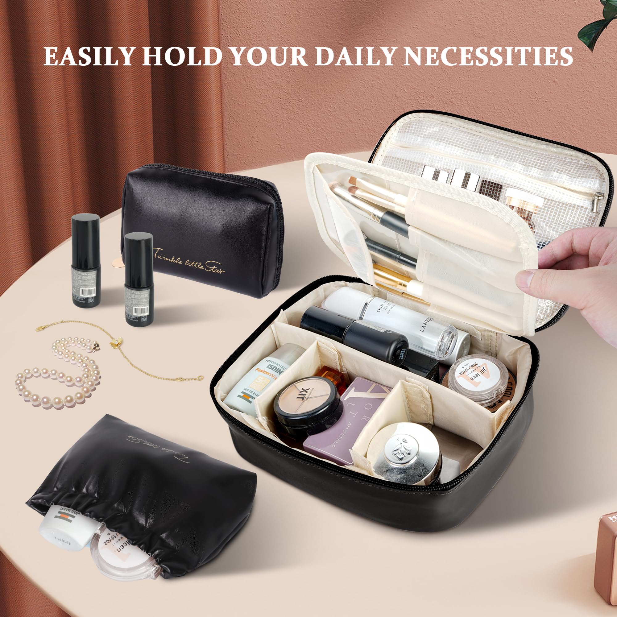 Juego de 4 bolsas de maquillaje de viaje, bolsa organizadora de cosméticos de piel sintética con bolsa de joyería, bolsa de cosméticos grande con divisor y asa, bolsa de aseo portátil impermeable de