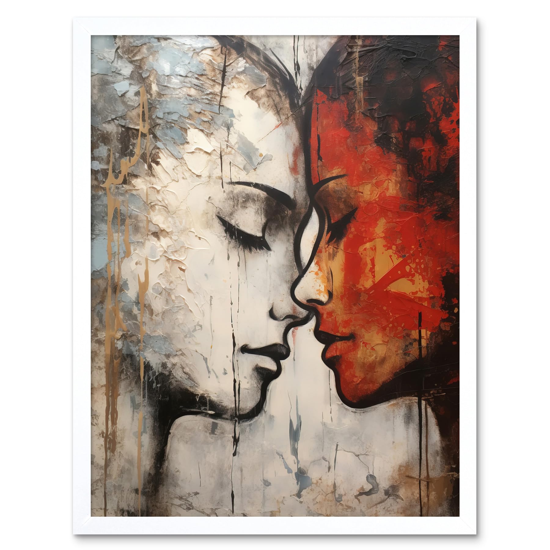 Artery8 Gay Lovers Oil Painting - Thick Paint Red Blue Emotional Connection Wall Art Print - Framed W12 x H16 inch