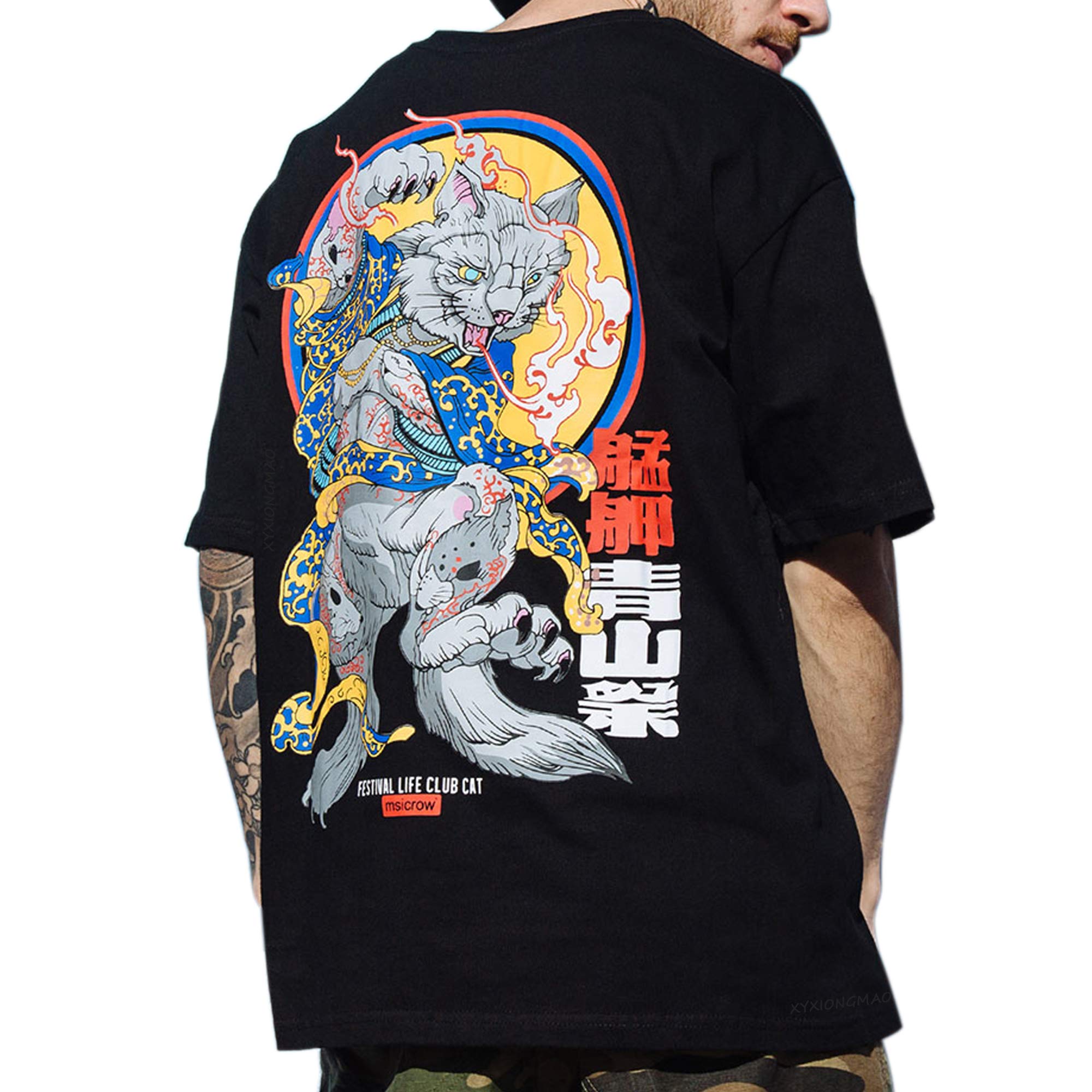 XYXIONGMAO T-shirt casual da uomo con stampa grafica gatto giapponese nero streetwear hip hop unisex t-shirt