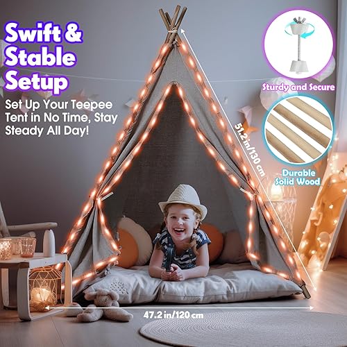 Miniatura 3 de THISWUW Tienda de campaña LED tipi para niños, tienda de campaña plegable para niños, tienda de campaña de juegos para interiores con luces y bolsa