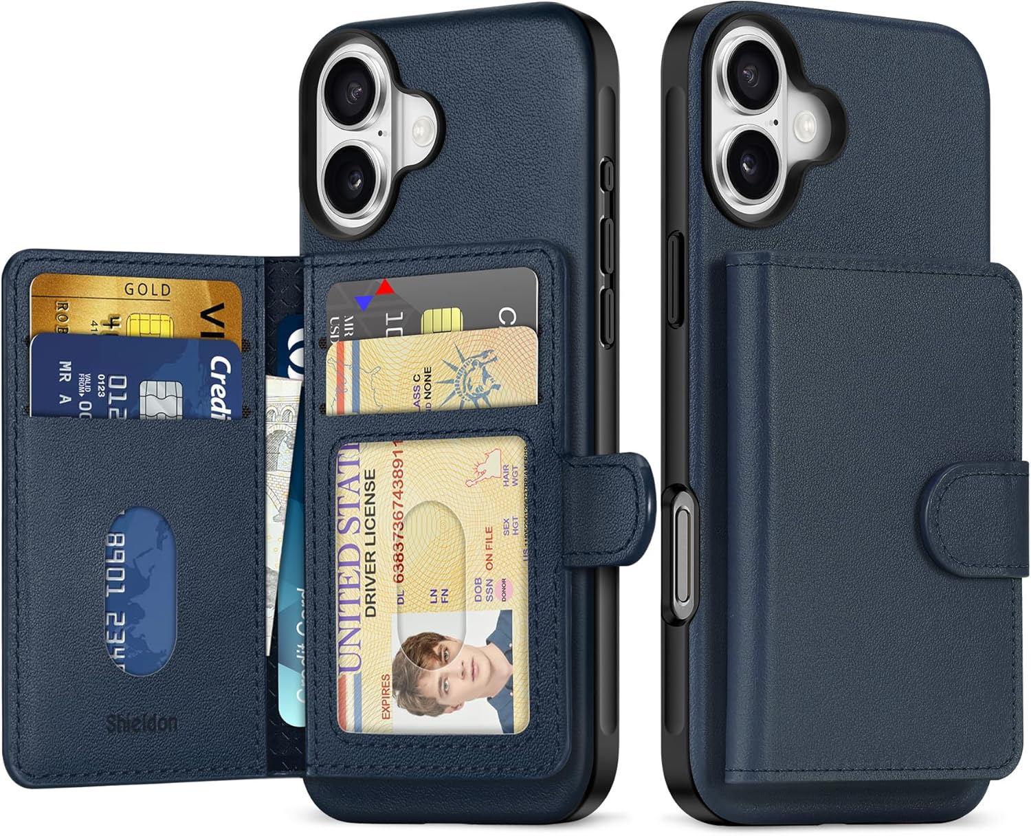SHIELDON Case for iPhone 16 Plus 6.7" 2024, Genuine Leather Non-Detachable Magnetic Card Wallet Holder with 6 Card Slots, Slim Shockproof Phone Cover Compatible with iPhone 16 Plus - Nappa Navy Blue