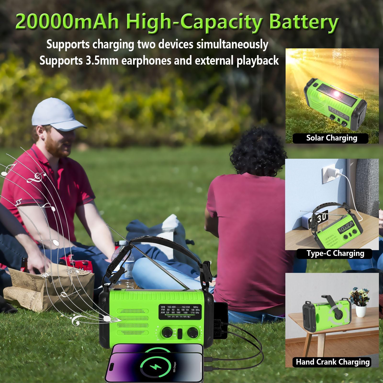 Notfall-Handkurbelradio, 20.000 mAh/74000 mWh, AM/FM/NOAA Wetterradio