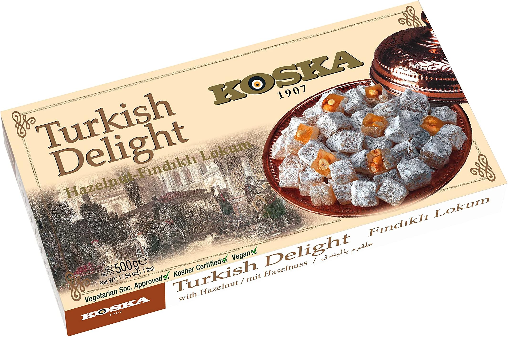 Turkish Delight with Hazelnut, 17.64 oz 1.10 Ibs 500 gr Traditional Turkish Lokum by Koska | Vegan, Kosher and Halal Certified