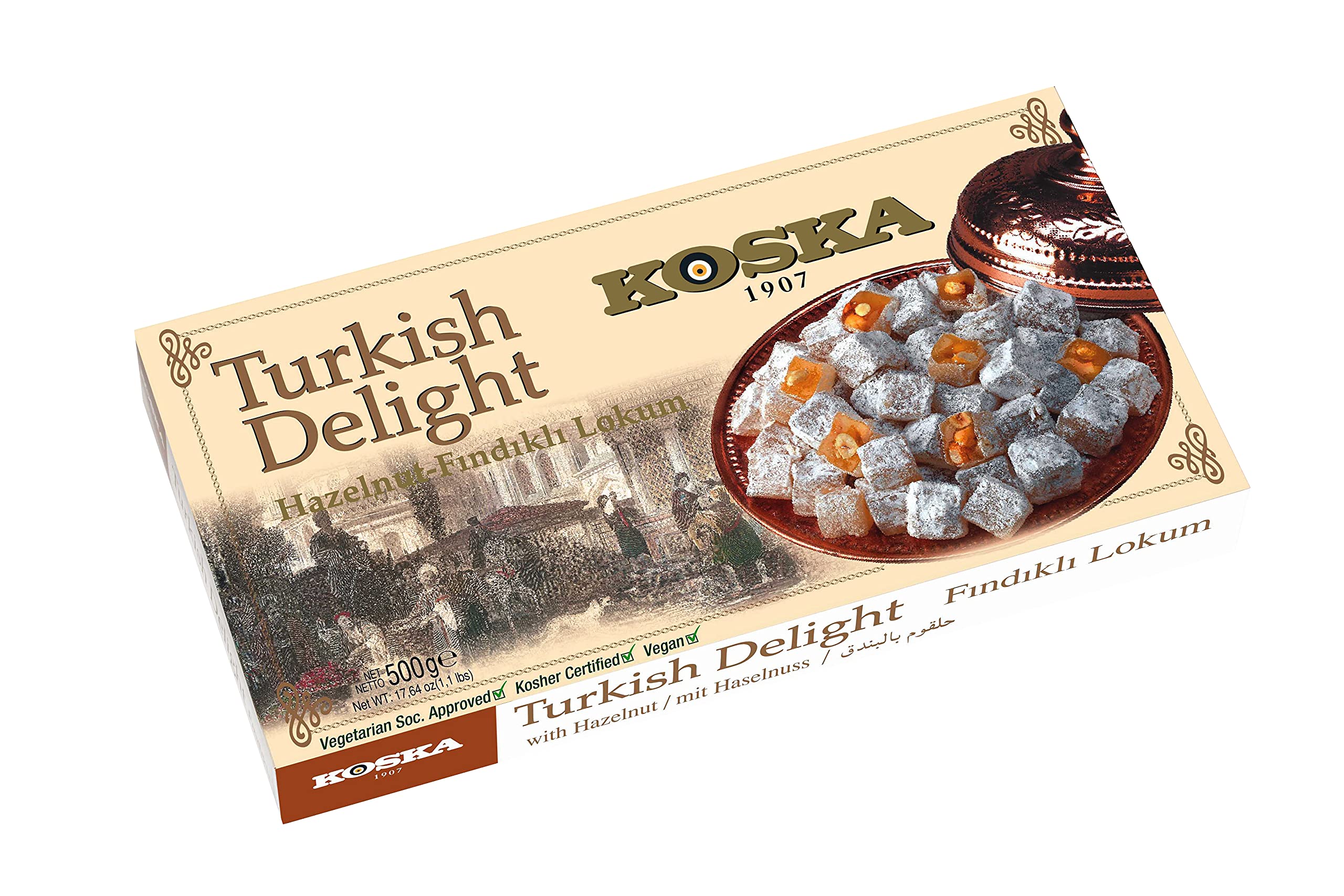 Turkish Delight with Hazelnut, 17.64 oz 1.10 Ibs 500 gr Traditional Turkish Lokum by Koska | Vegan, Kosher and Halal Certified