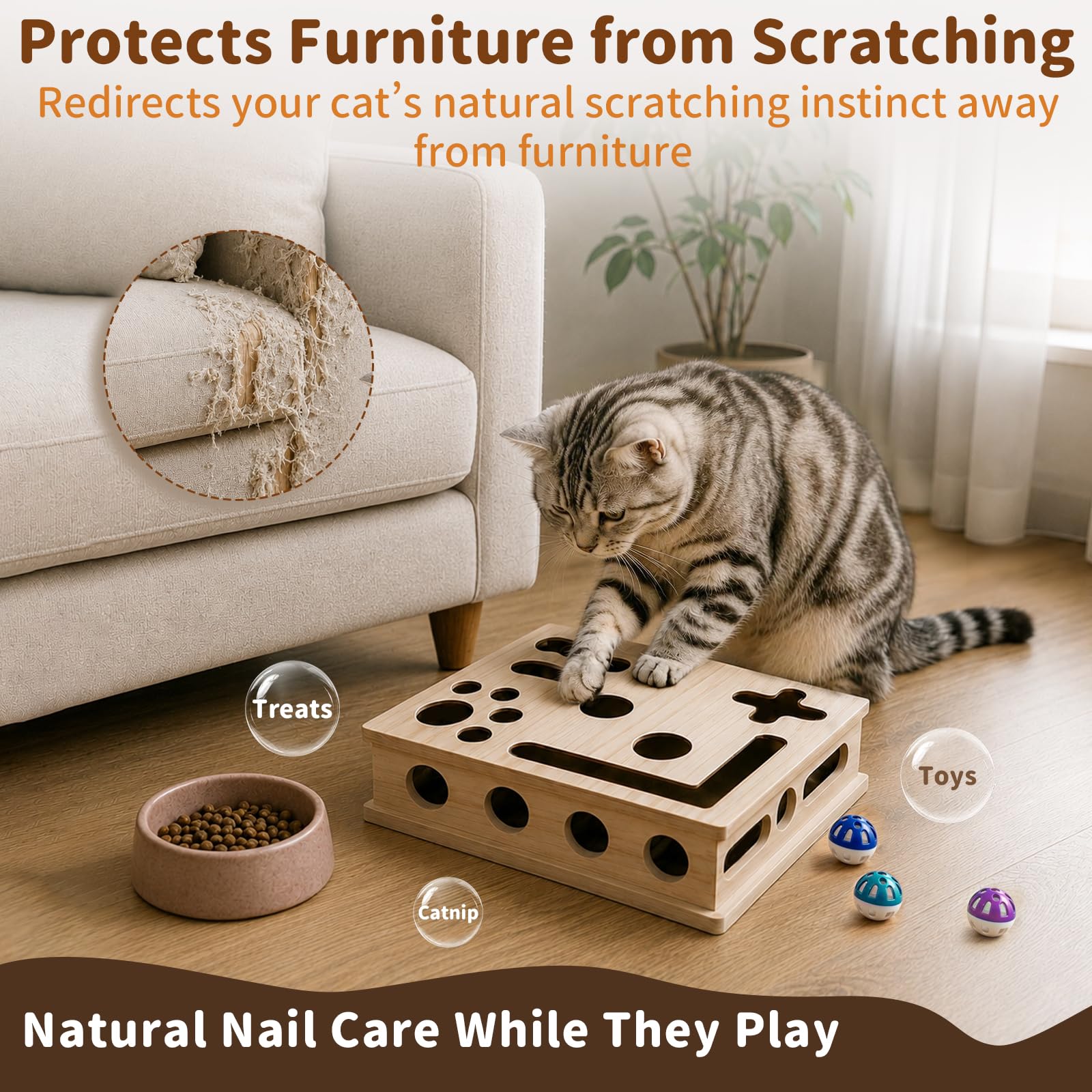 HA BIN 2-in-1 Kratzpuzzle für Katzen – Interaktives Katzenspielzeug mit Sandpapier-Nagelfeile, Holz Kratzbrett & Futterlabyrinth gegen Langeweile, Activity-Center für Wohnungskatzen