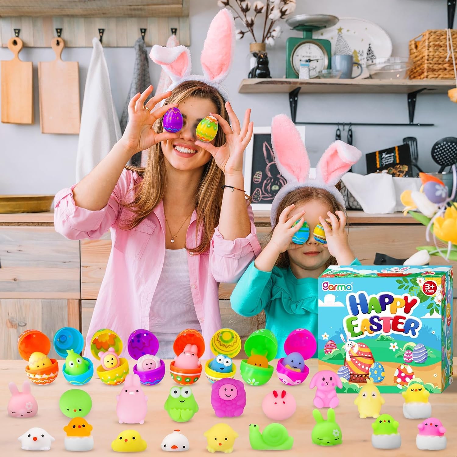 Garma 40pcs Easter Filled Eggs with 40pcs Mochi Squishies Toys and 40pcs Kawaii Tattoos Basket Egg Stuffers Stress Relief Toys for Kids Easter Egg Hunt Fillers, Party Favor, Classroom Prize Supplies