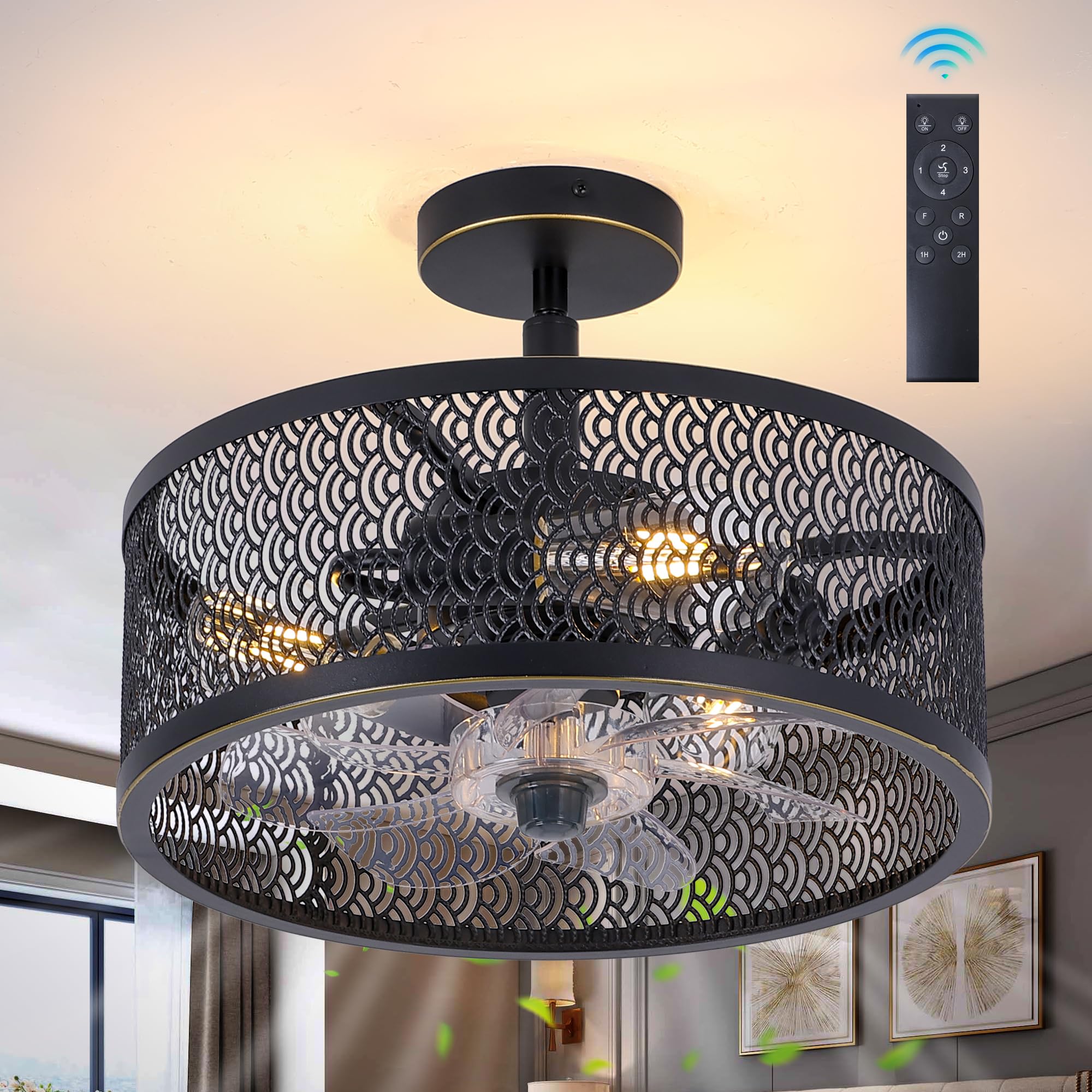 Ceiling Fans With Light Caged, Black 15 inch Modern Industrial Ceiling Fan with Remote,Noiseless,4-Speed Adjustable Bladeless Farmhouse Ceiling Fan for Bedroom Living Room Kitchen