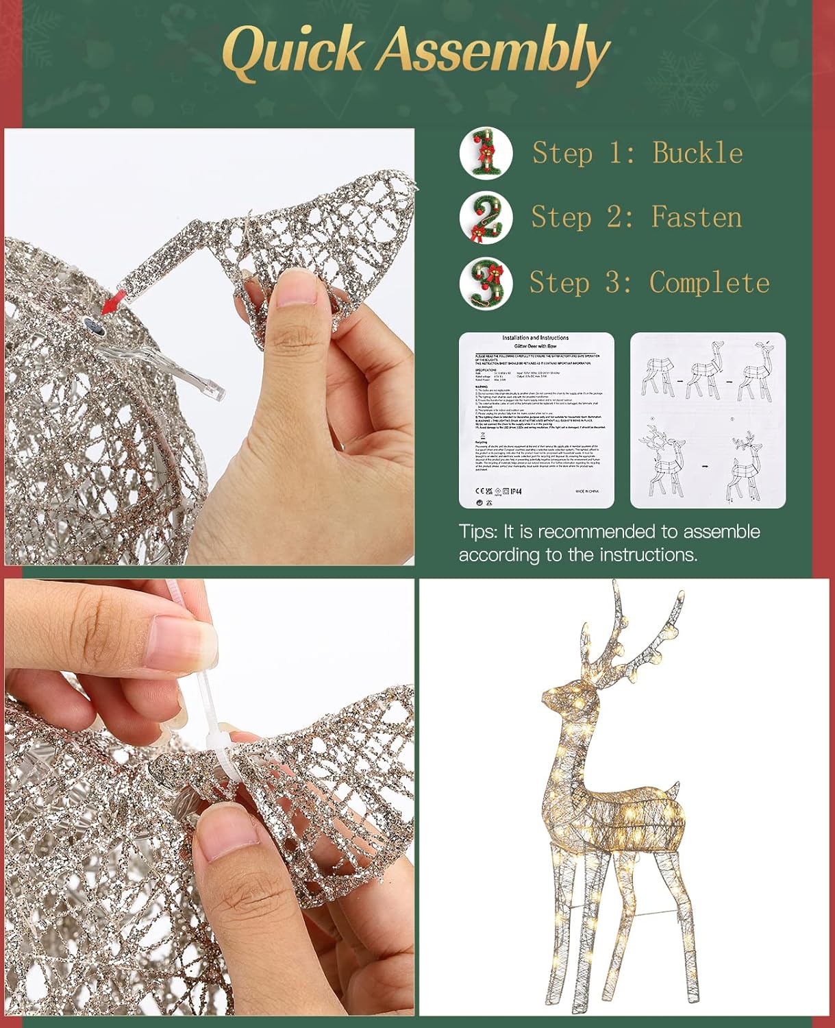 Lewondr Christmas Reindeer Decor Light, 40 in/3.3 FT 100 LED Lights Stand Deer Pattern Plug-in Decorative Light, Xmas Ornament Pre-Lit Buck Deer Lamp for Garden Yard Indoor Outdoor Decoration, Gold : Patio, Lawn & Garden