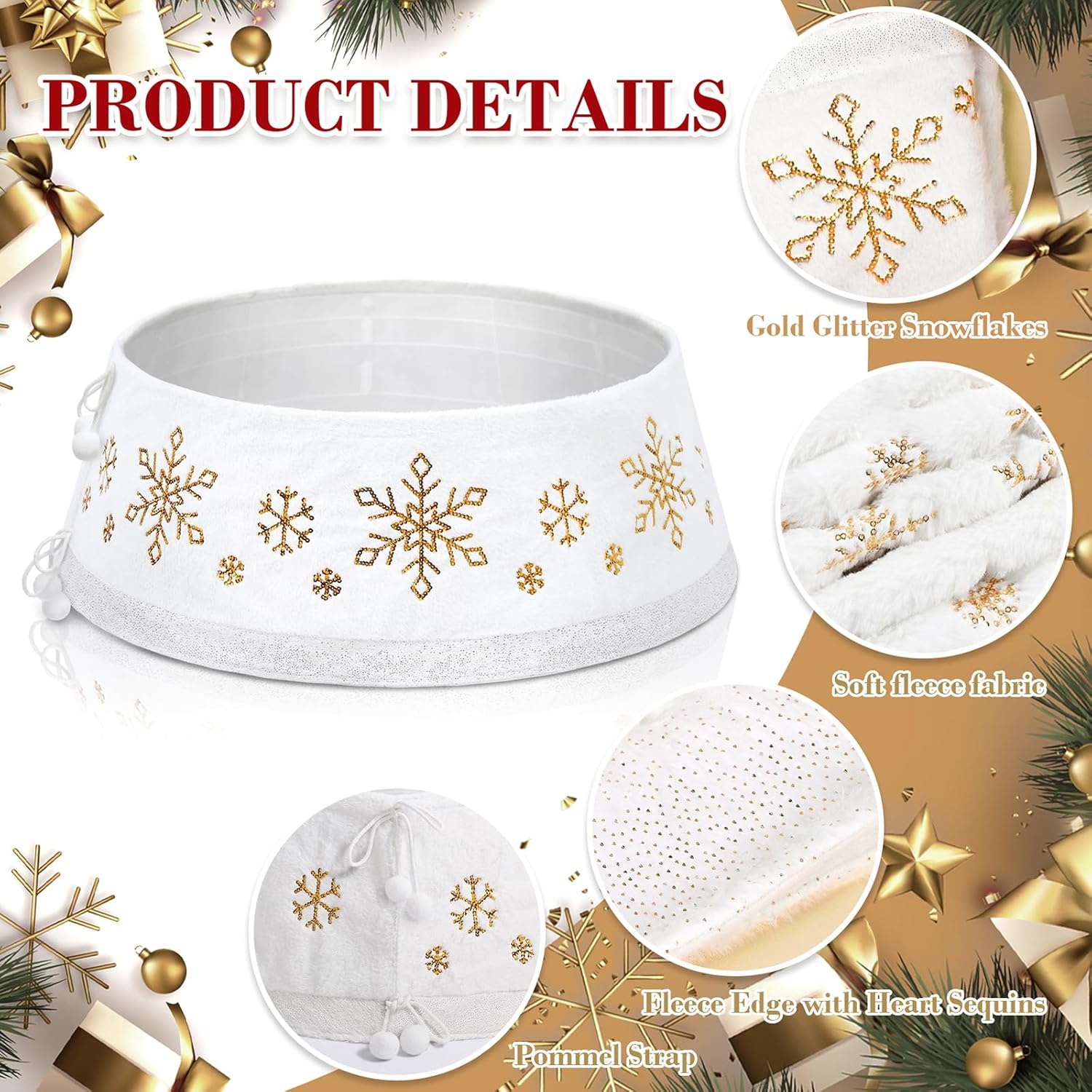 DoreenBow Christmas White Tree Collar Ring, 30'' Plush Gold Snowflake Sequin Tree Skirt, Christmas Artificial Tree Base Stand Cover, Xmas Tree Decorations Ornaments for Home Party Holiday